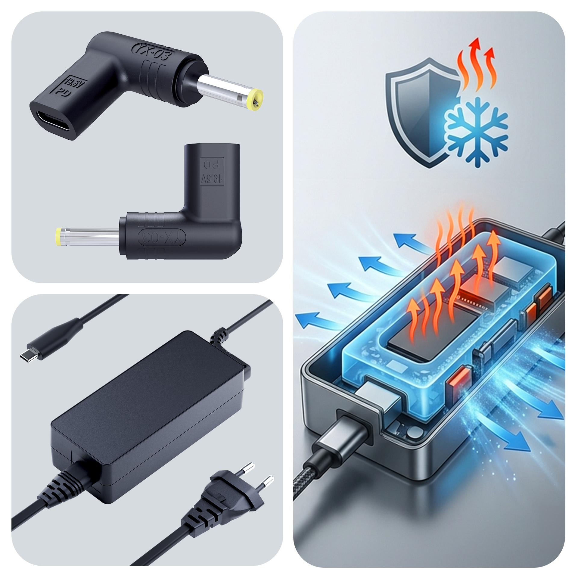 Czarny adapter PD z portem USB-C i bolcem, zasilacz i wskaźnik chłodzenia.