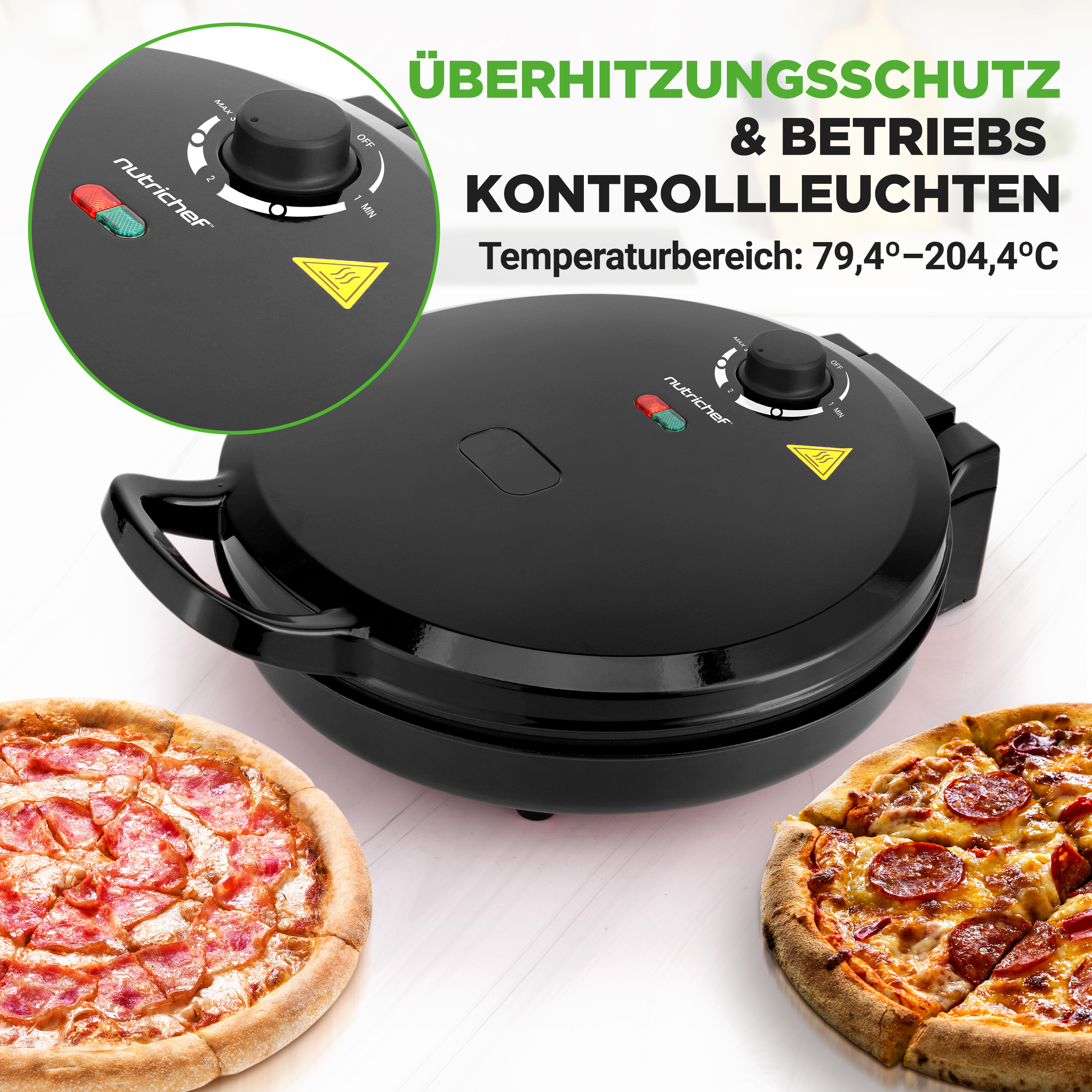 Ein schwarzer Pizzaofen mit zwei Pizzen davor. Überhitzungsschutz-Kontrollleuchten.