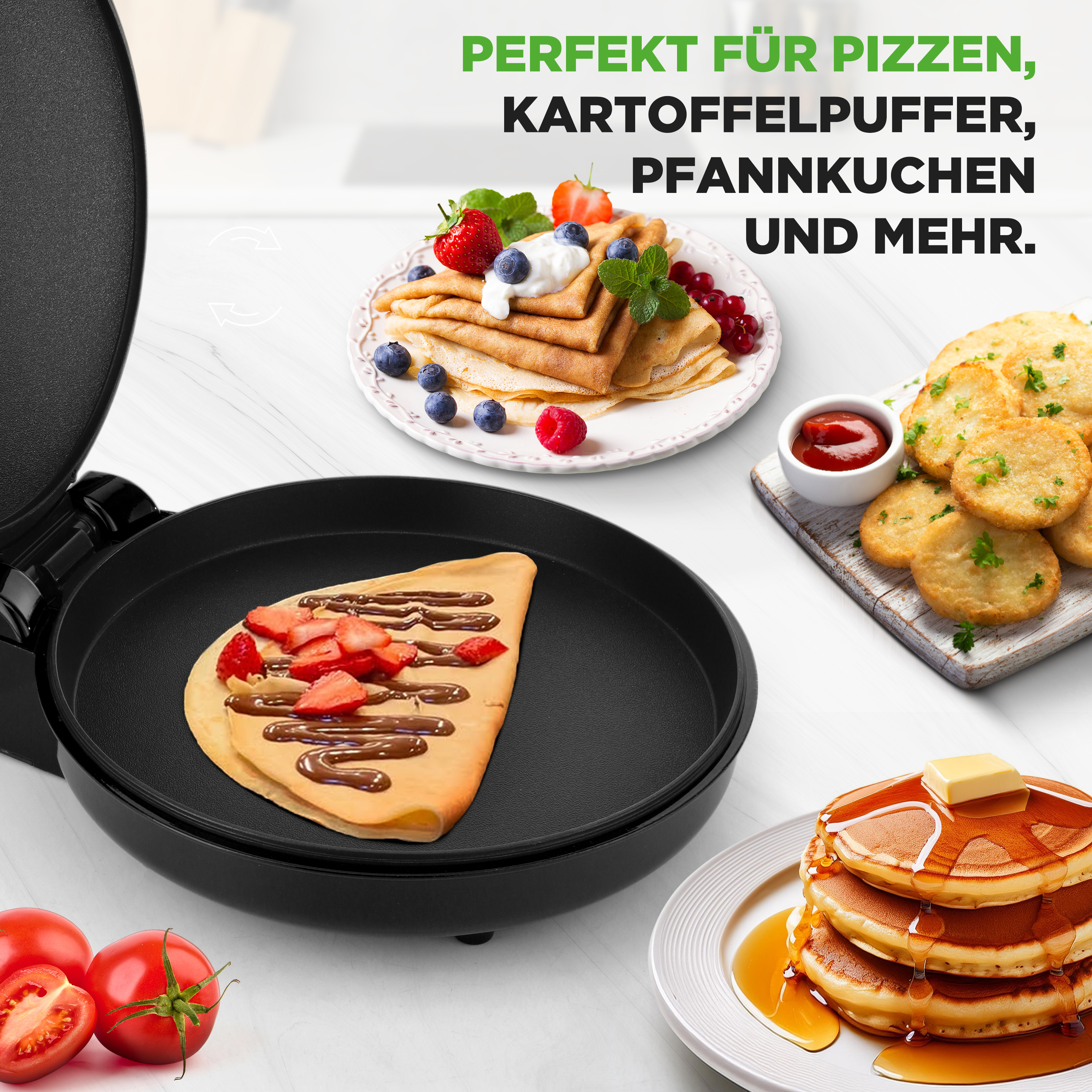 Ein elektrischer Pfannenwender mit Crepe, Kartoffelpuffer, Pfannkuchen und Beeren.