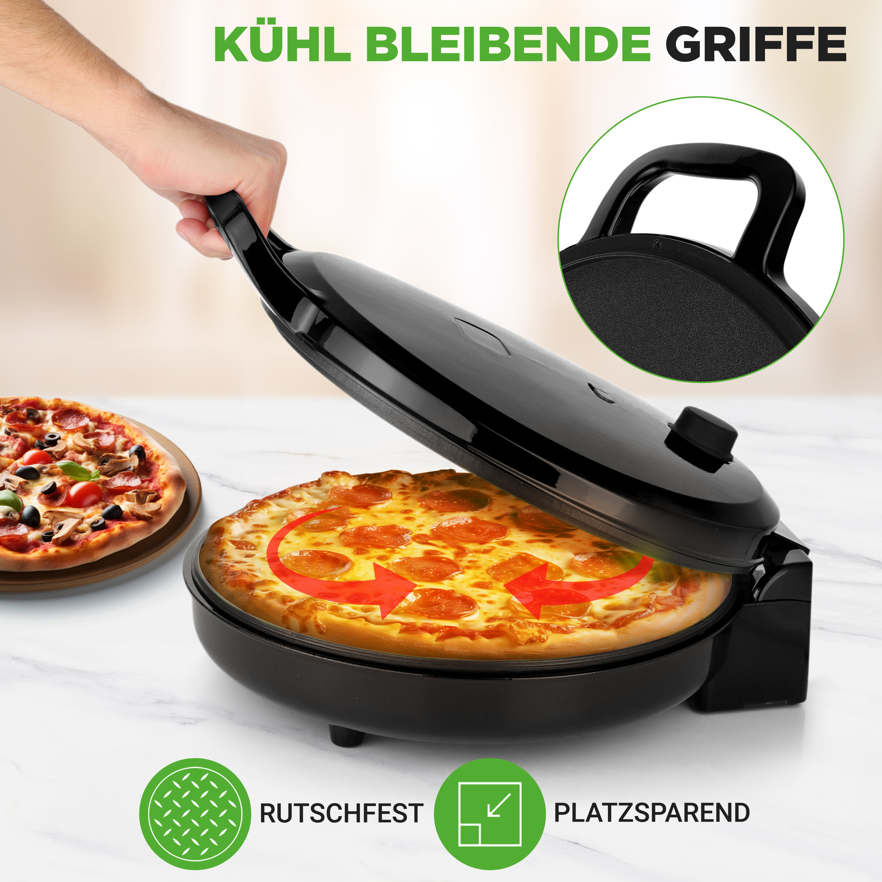 Ein Mann öffnet eine schwarze Pizzamaschine mit einem Pizzaboden darin.