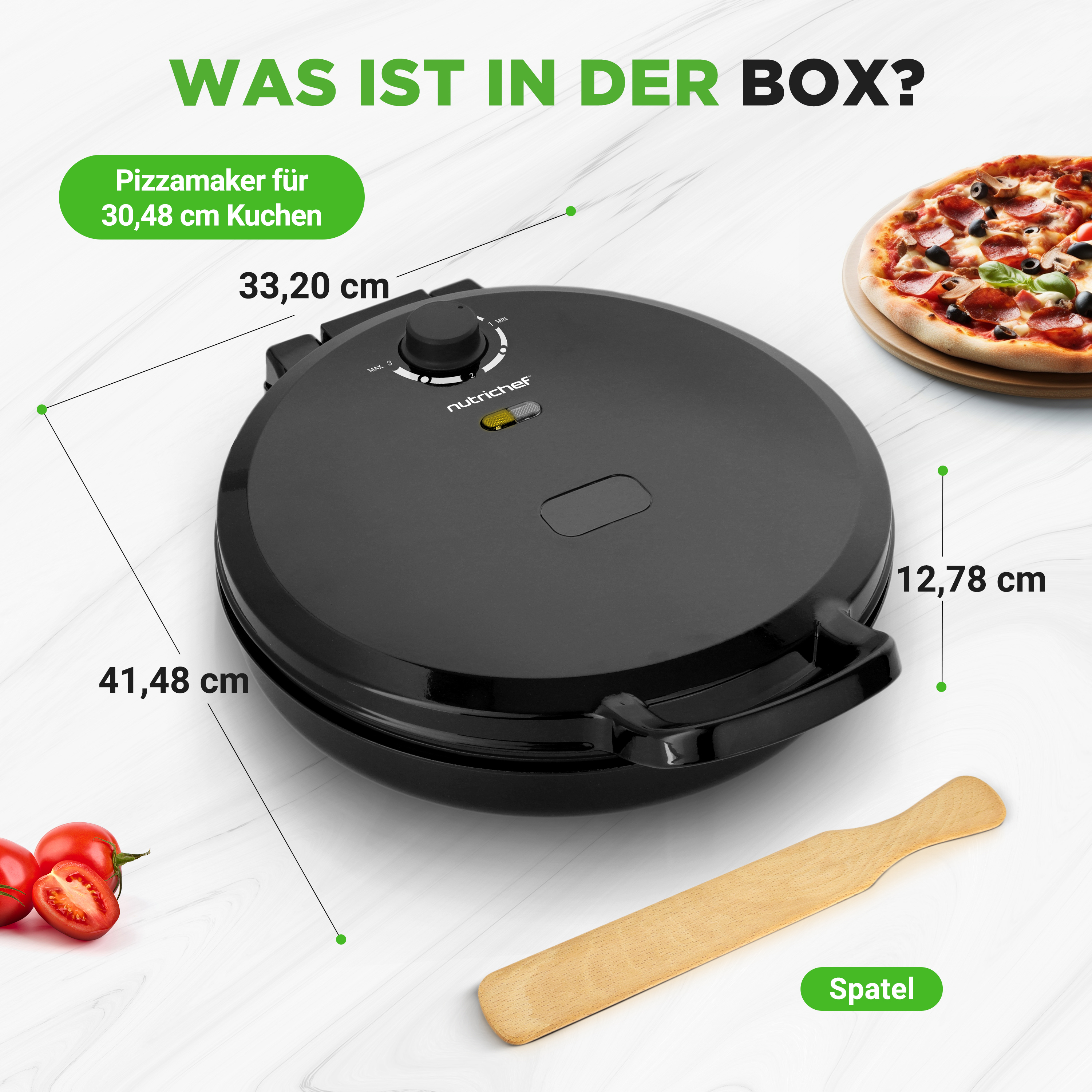 Ein schwarzer Pizzamaker mit Spatel und Tomaten. Maße sind angegeben.