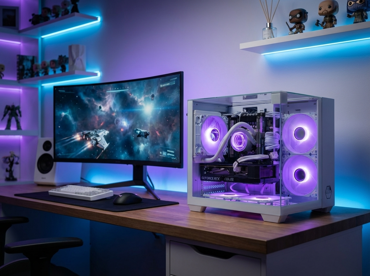 Ein Gaming-PC mit lila Beleuchtung, Monitor zeigt Weltraumspiel, Tastatur und Maus.
