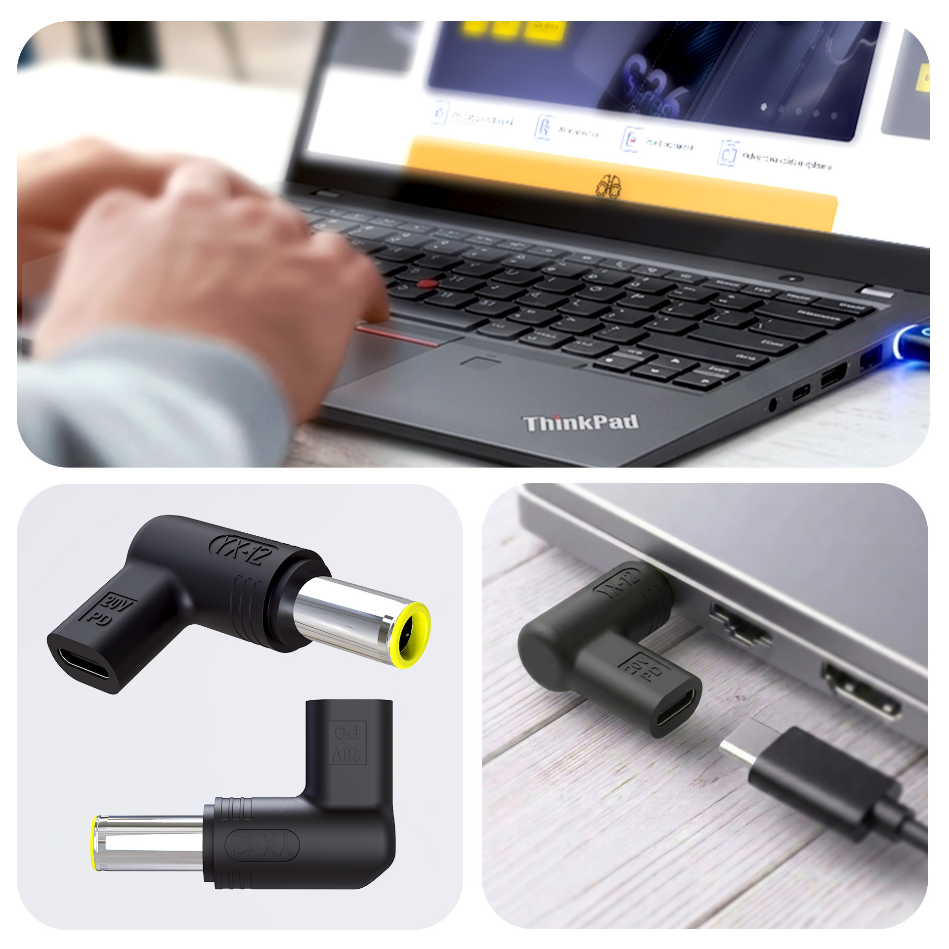 Laptop z adapterem ładowania i kablem USB-C.