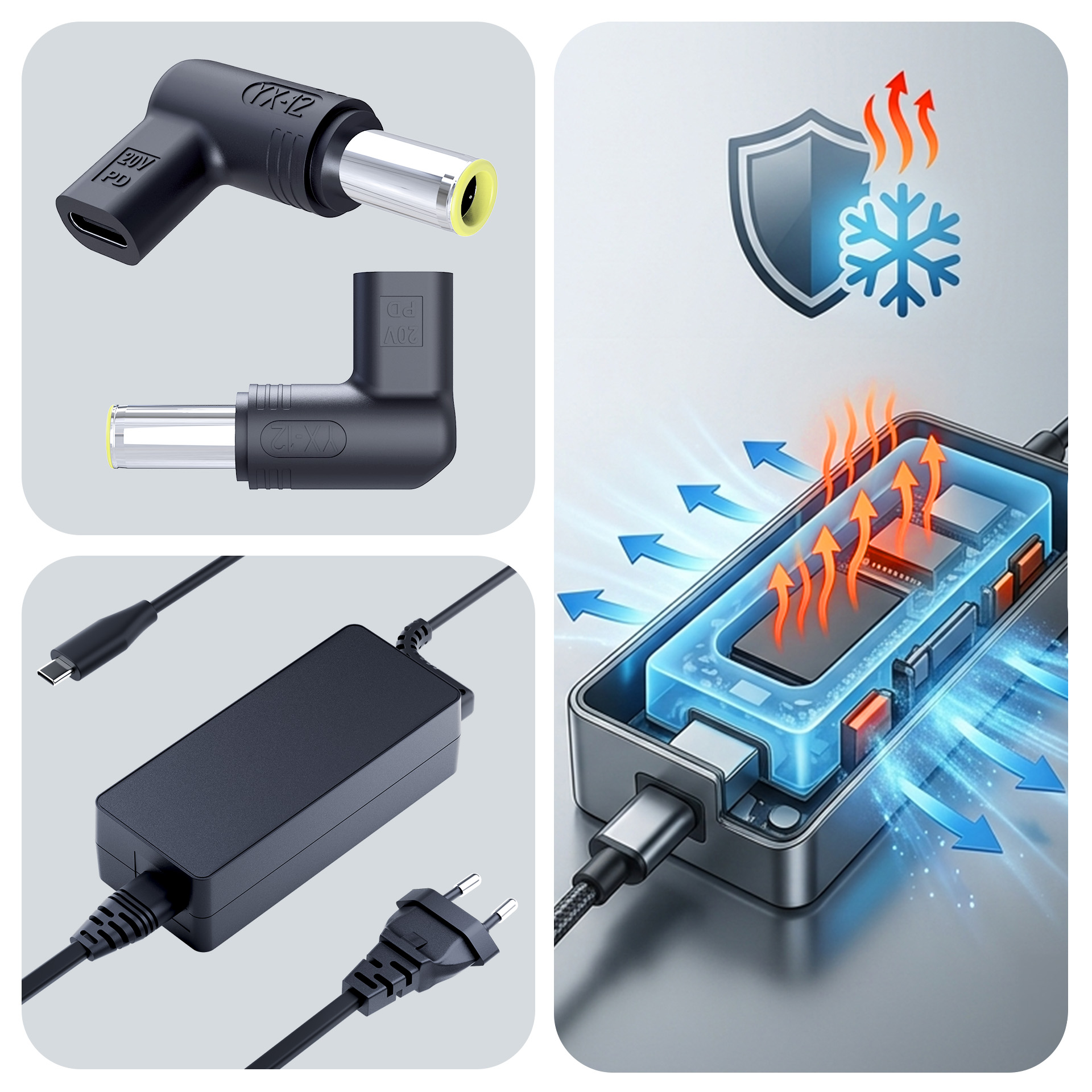 Zasilacz z adapterem USB-C i wskaźnikiem chłodzenia.
