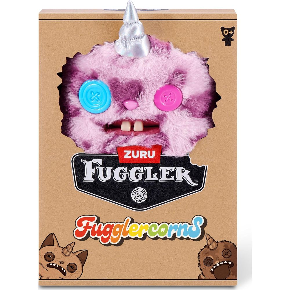Ein rosafarbener Fuggler mit blauen und pinken Knöpfen als Augen, spitzen Zähnen und einem Horn.