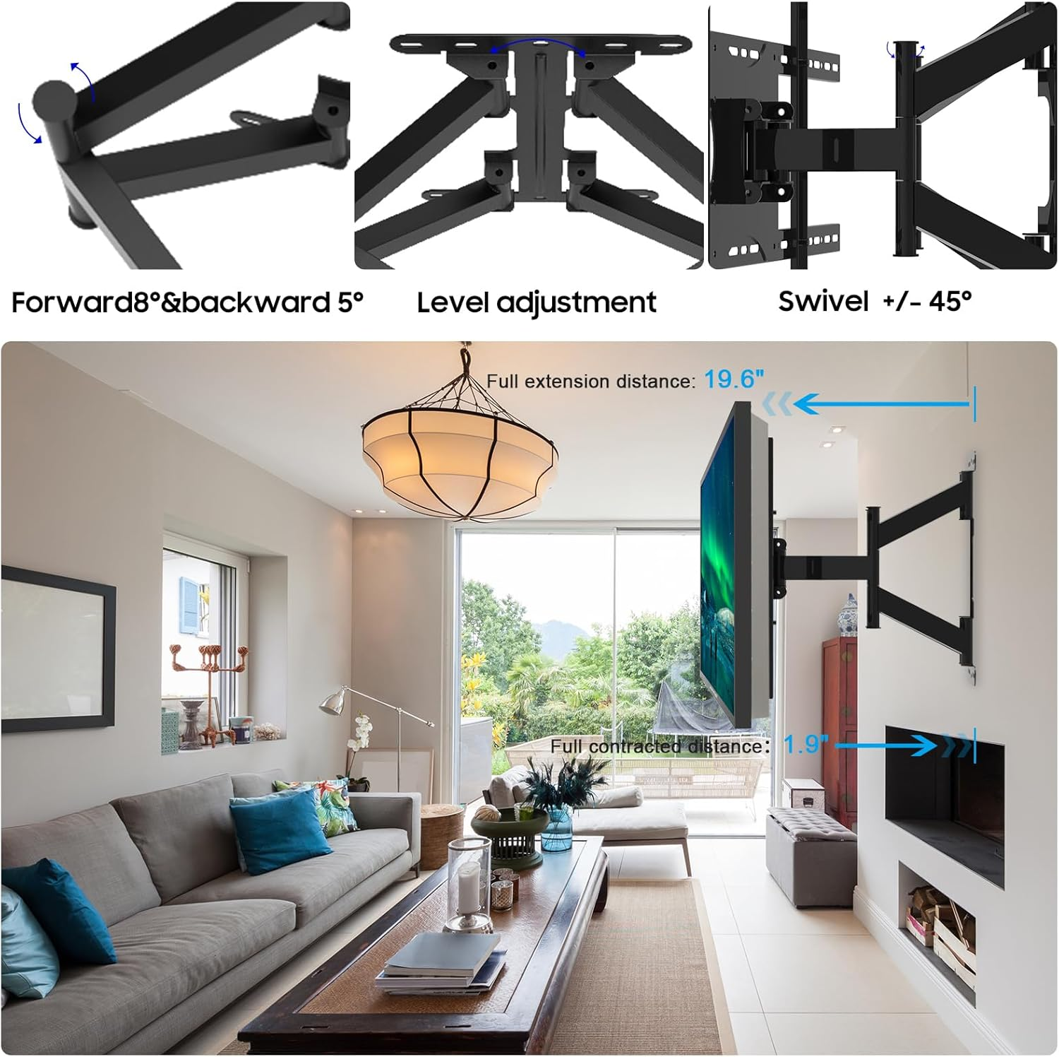 Schwarze TV-Wandhalterung mit verstellbarem Arm in einem modernen Wohnzimmer.