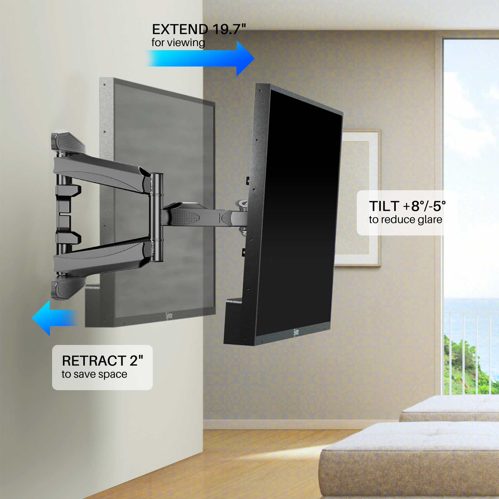 Schwarzer TV-Halter an der Wand, ausziehbar, schwenkbar, mit Text.
