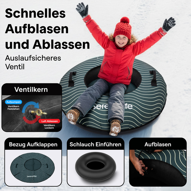 Kind im Schnee auf Schlauchboot mit Anleitungsvideos.