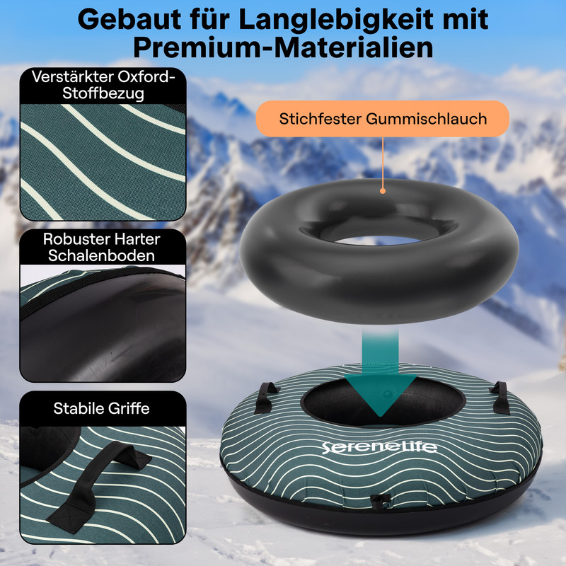 Schlauchboot für den Schnee mit drei Detailansichten: Stoffbezug, Boden und Griffe.