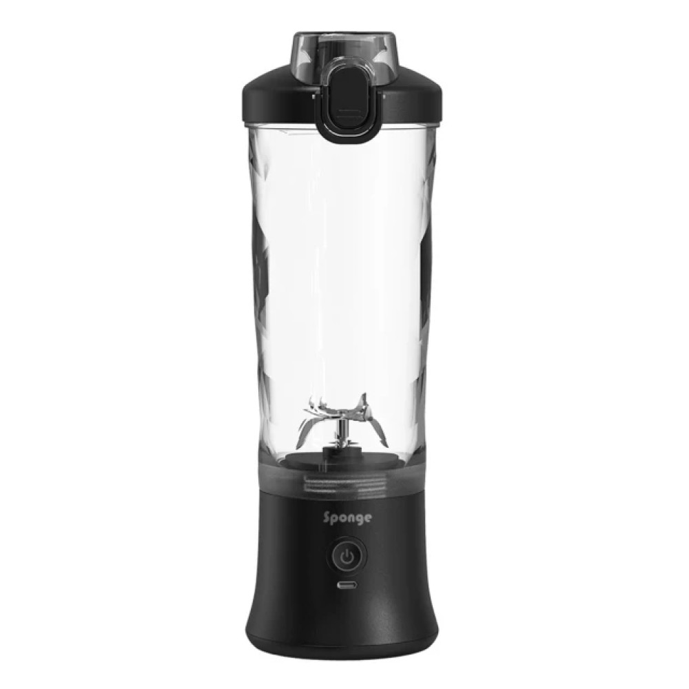Czarny przenośny blender z przezroczystym pojemnikiem i zespołem ostrzy.