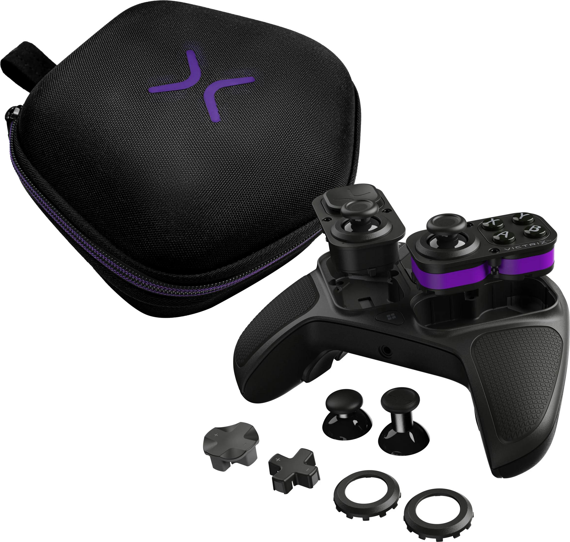 Schwarzer Controller mit purple Akzenten, Zubehör und Tasche auf weißem Hintergrund.