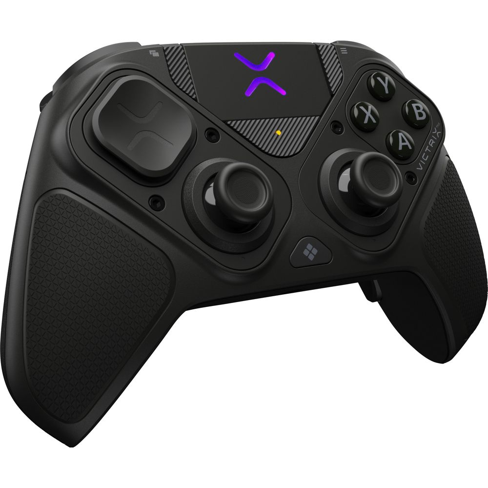 Schwarzer Gaming-Controller mit zwei Joysticks, Tasten und lila X-Symbol.