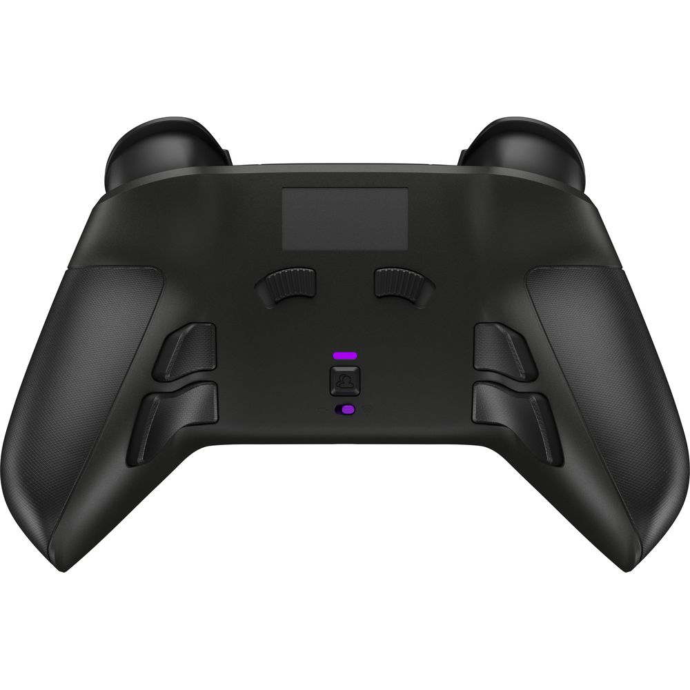 Eine schwarze Game-Controller mit zwei Joysticks, Tasten und einem kleinen Bildschirm.