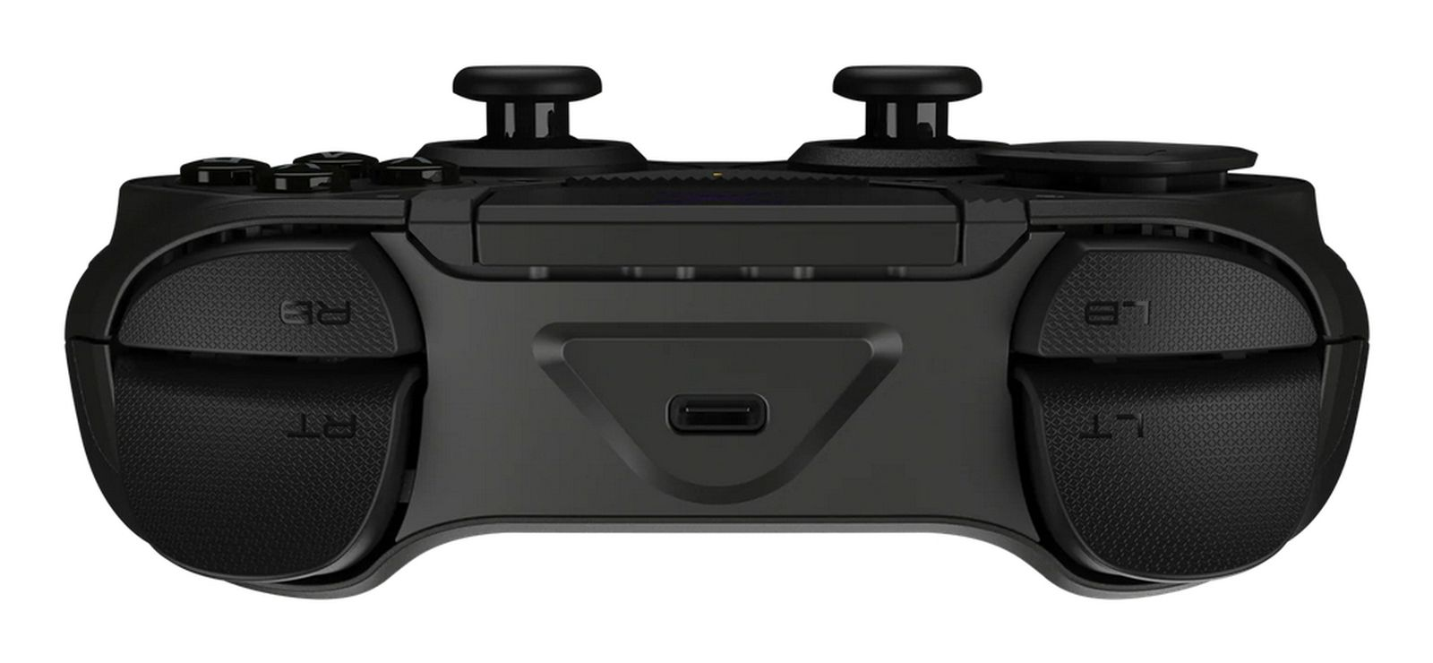 Schwarzer Controller mit zwei Joysticks, Tasten und USB-C-Anschluss.