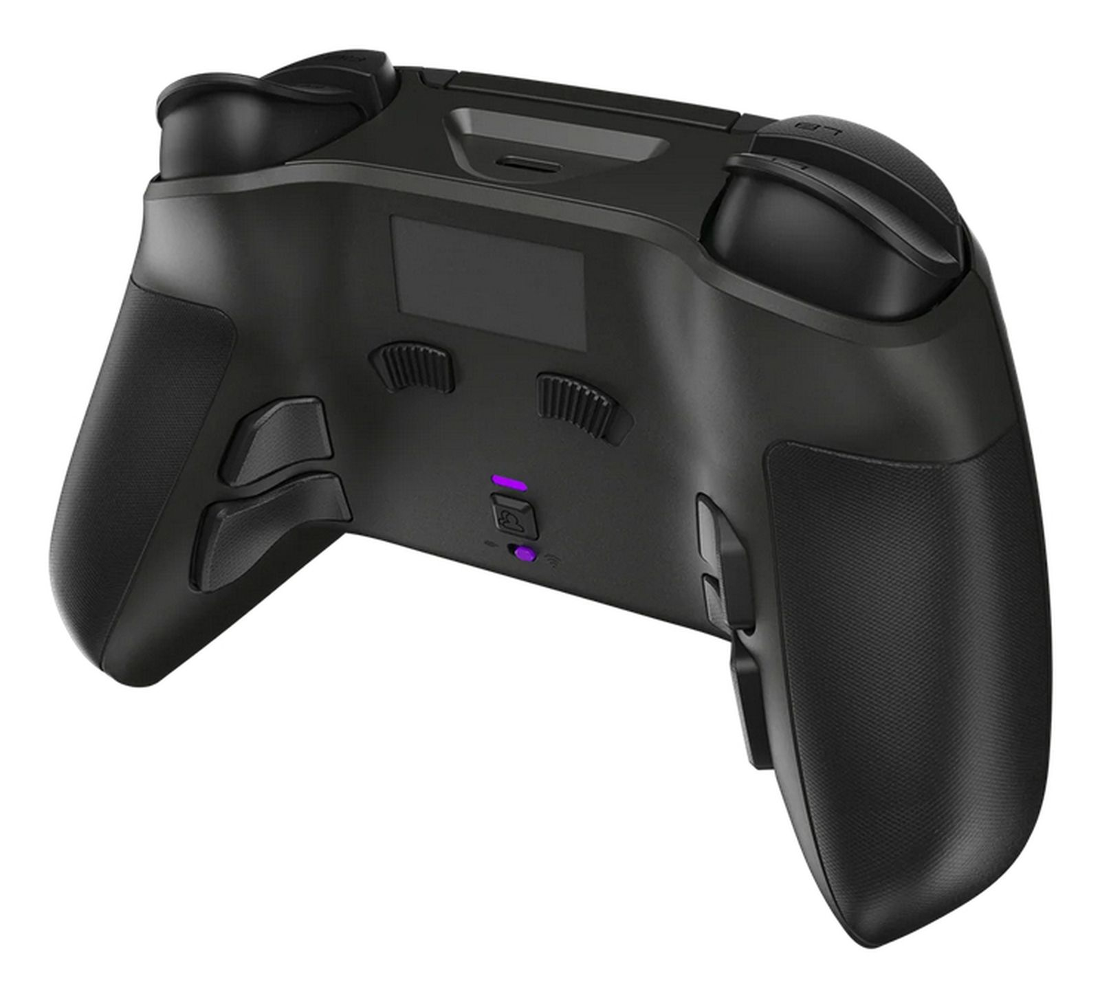 Schwarzer Gaming-Controller mit zwei Joysticks, Tasten und einem kleinen Bildschirm.