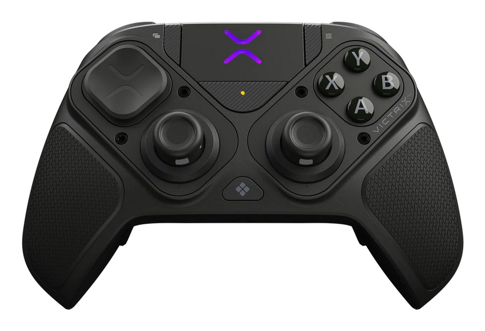 Schwarzer Gaming-Controller mit lila X-Symbol und nummerierten Tasten.