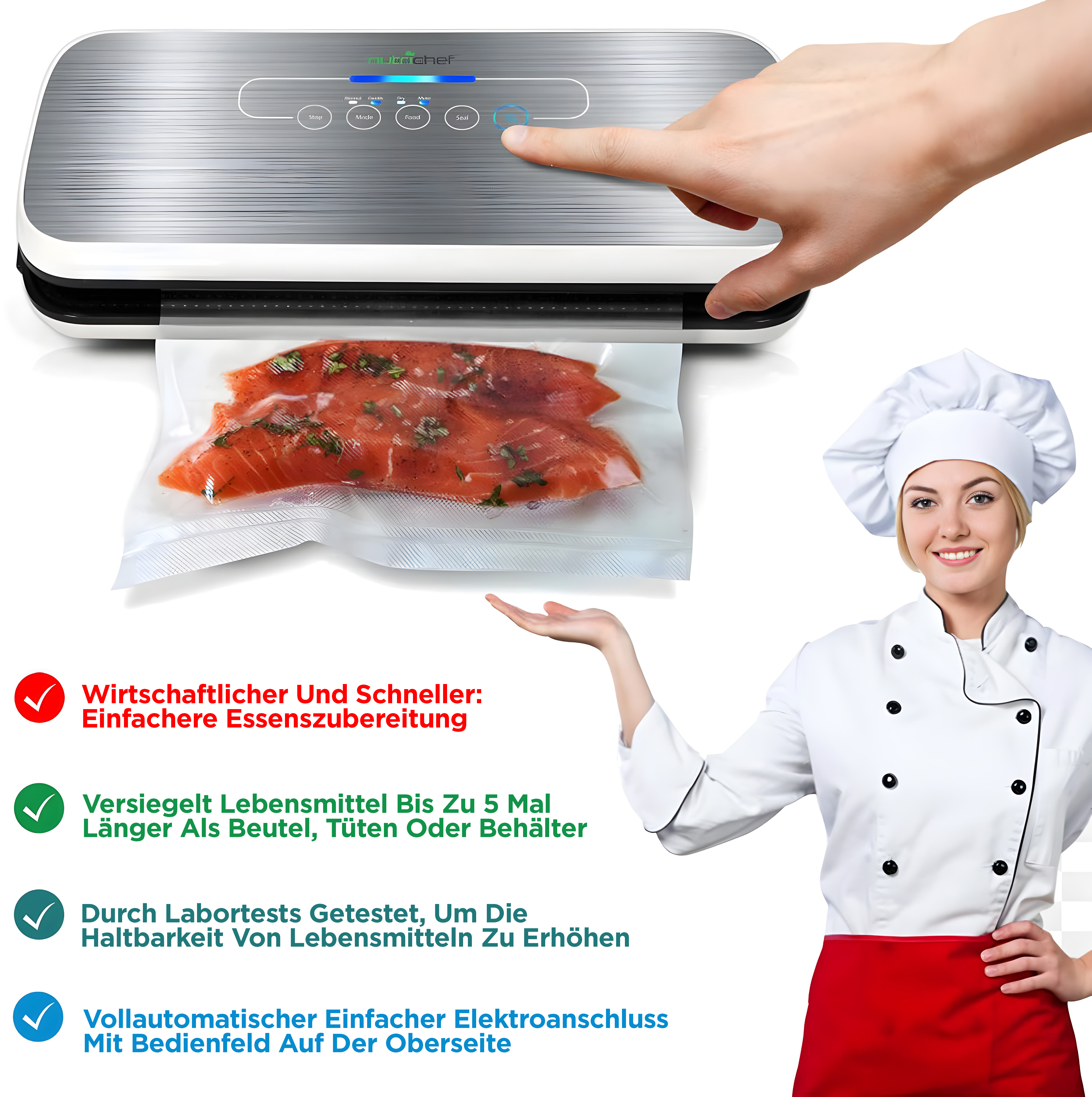 Ein Koch drückt einen Knopf an einer Vakuumversiegelungsmaschine, die Lachs versiegelt.