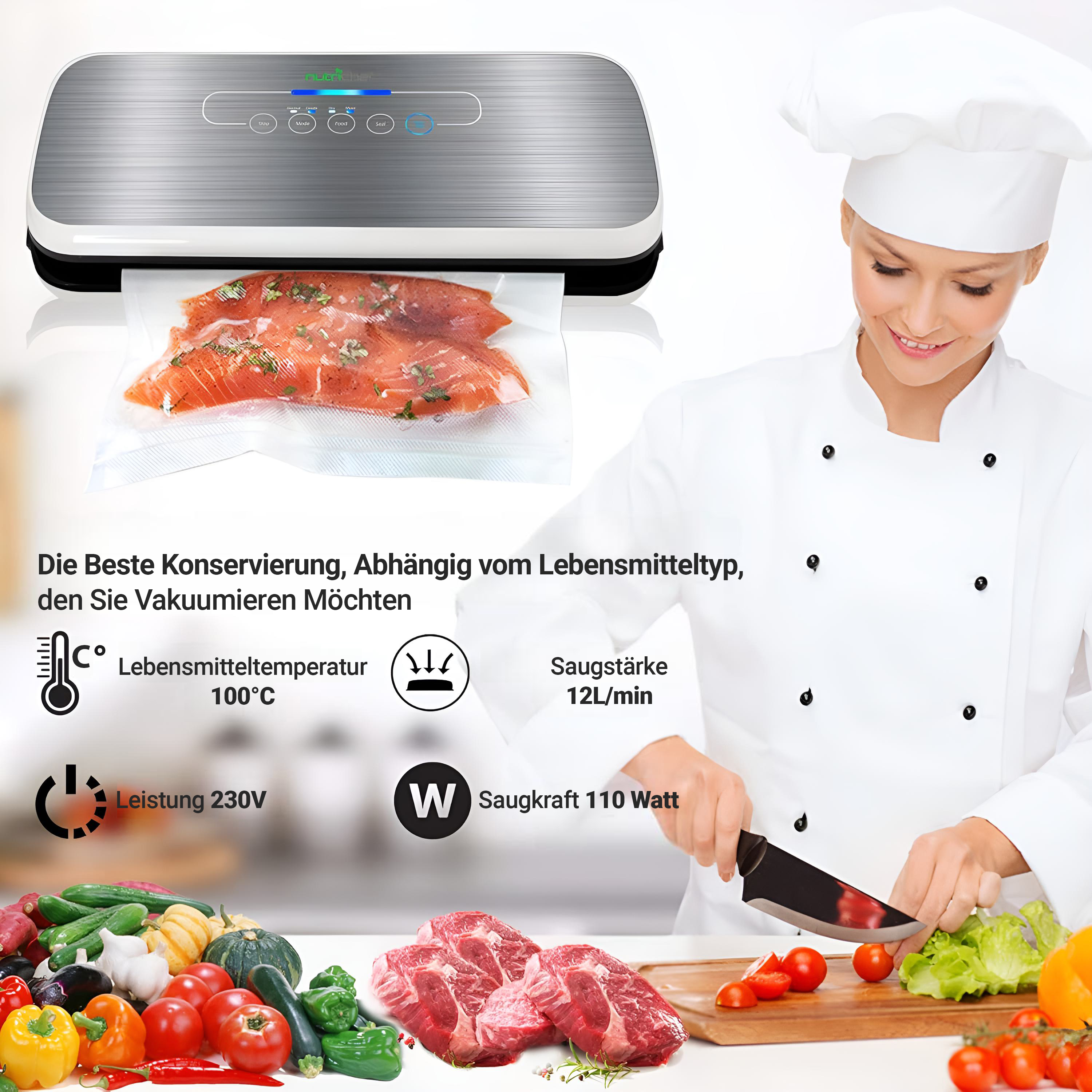 Ein Koch bereitet Lebensmittel vor. Ein Vakuumierer versiegelt Lachs.