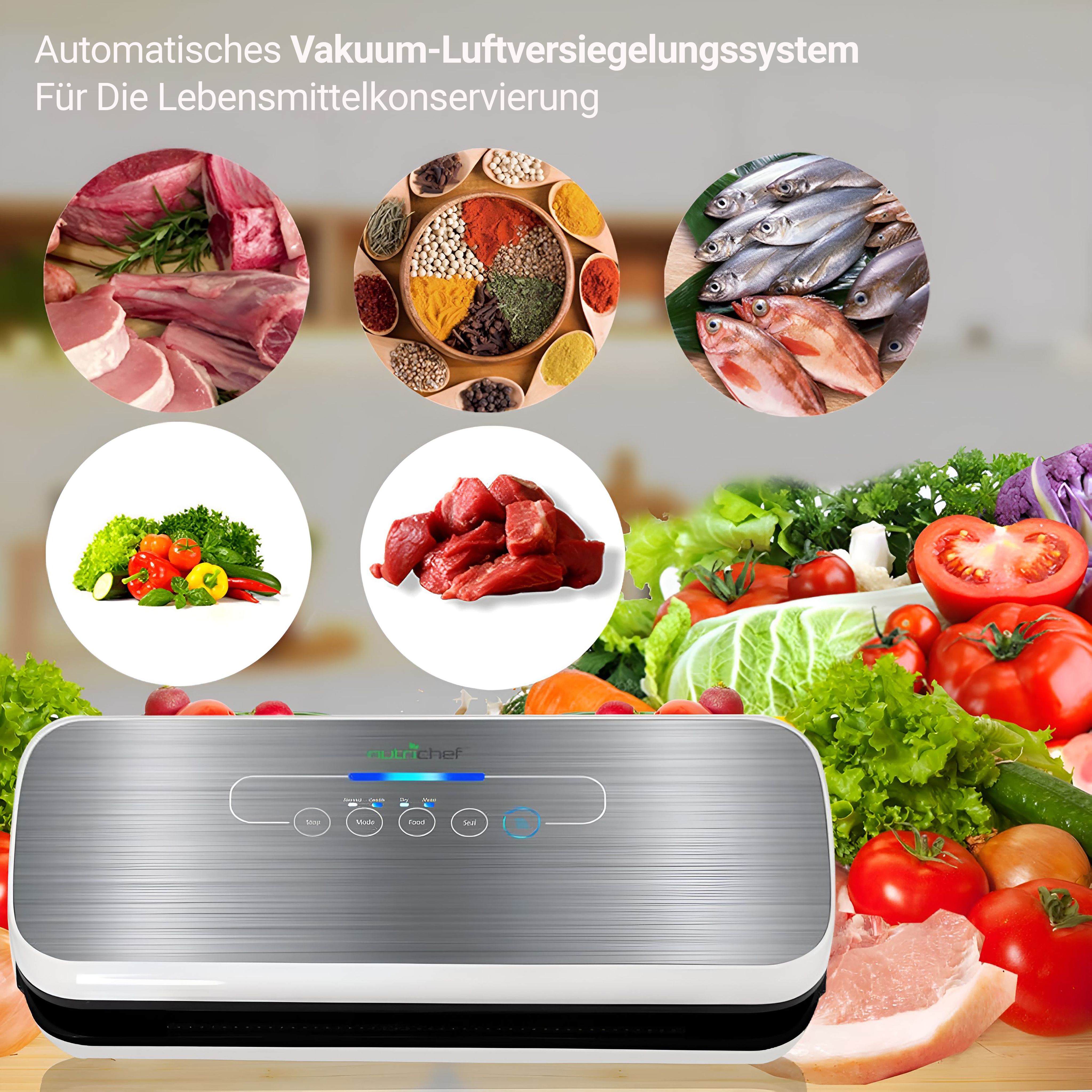 Vakuumierer mit Fleisch, Fisch, Gemüse und Gewürzen. Automatisch für Lebensmittelkonservierung.