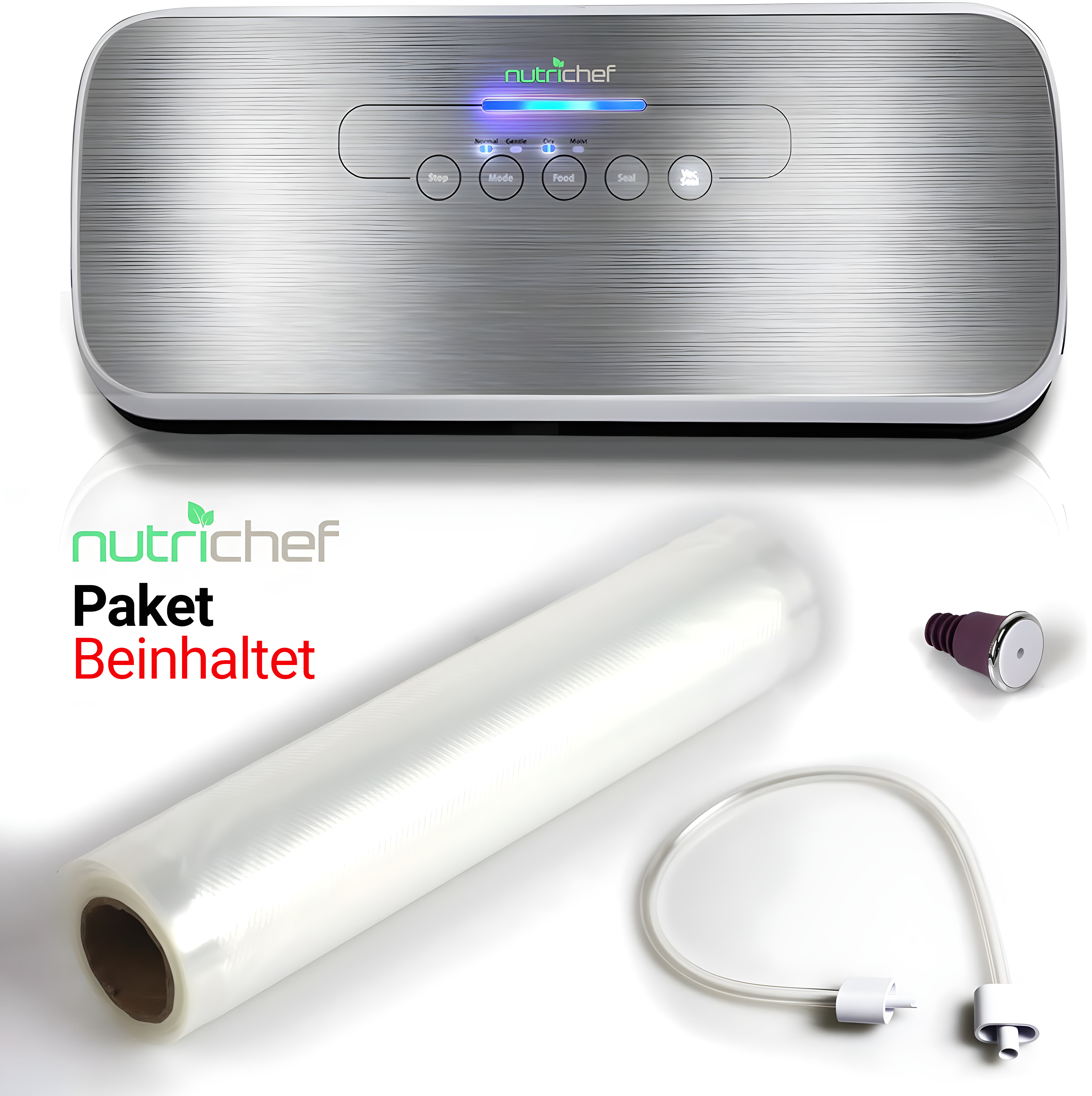 Ein silberner Vakuumierer mit blauen Lichtern und Knöpfen, daneben eine Folienrolle und Zubehör.