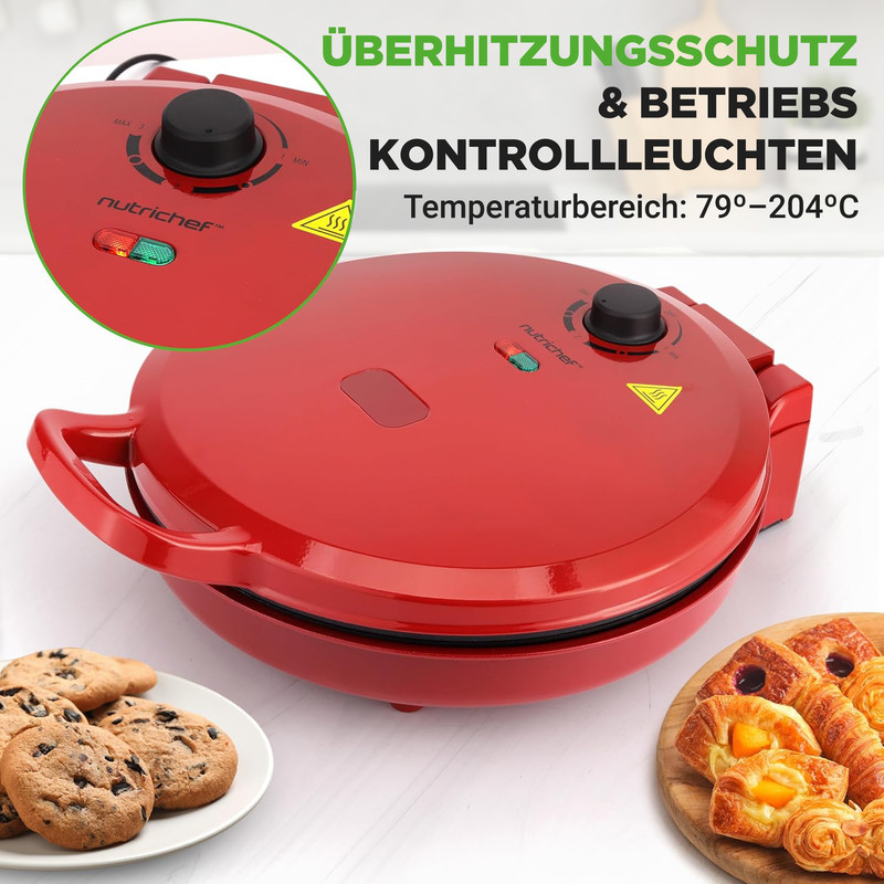 Roter Nutrichef Waffel-/Sandwichmaker mit Kontrolleuchten und Gebäck.