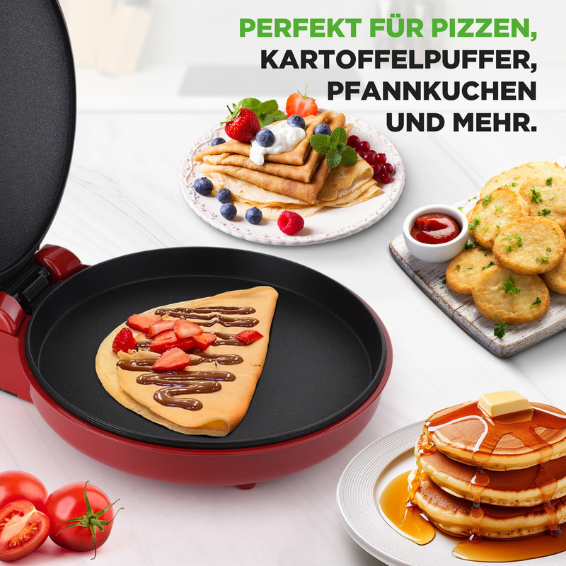 Rote Crêpe-Maschine mit Pfannkuchen, Kartoffelpuffern und Beeren.