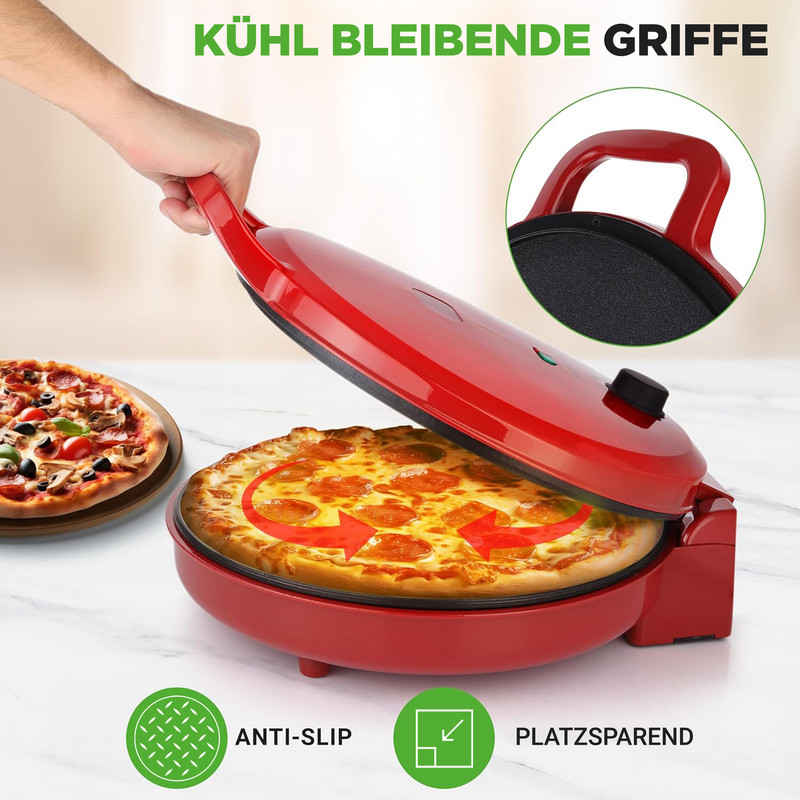 Rote Pizzaofen mit zwei Pizzas. Ein Griff ist geöffnet.