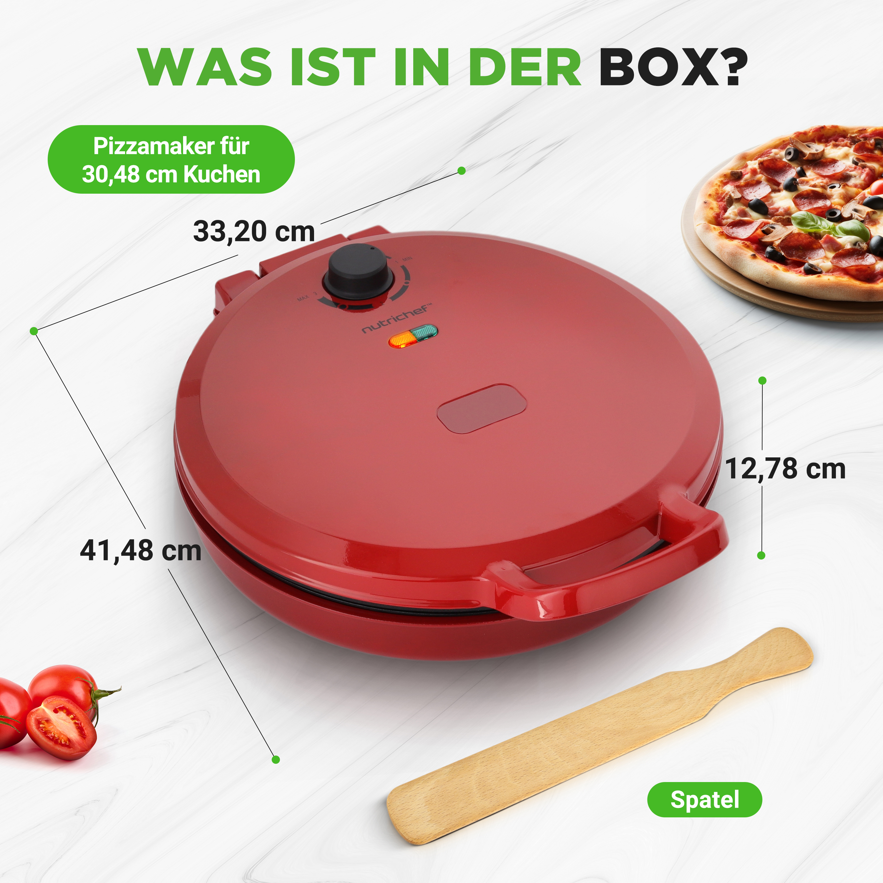 Ein roter Pizzamaker mit Kochfeld, Spatel und Tomaten.
