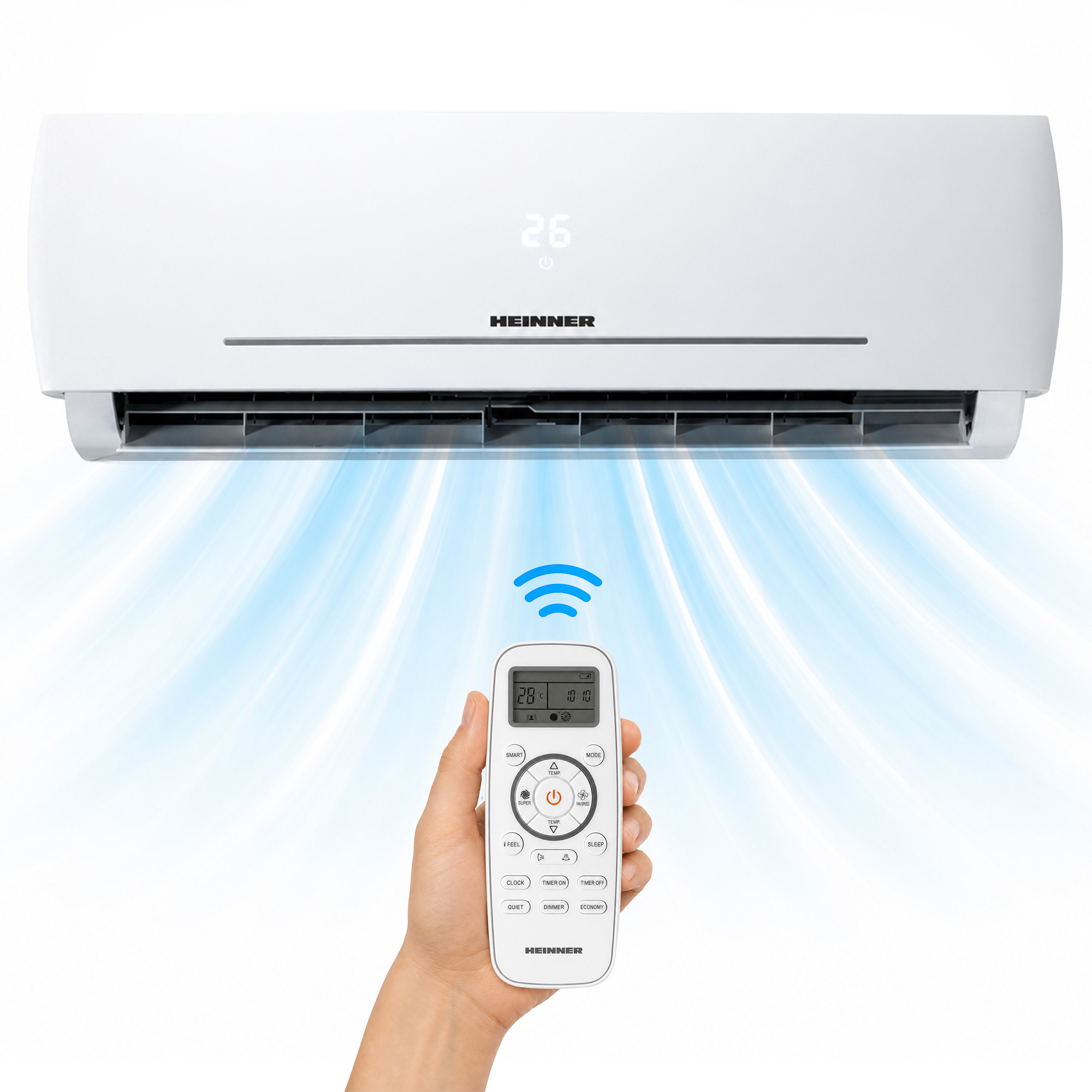 A white air conditioner unit with a remote, emitting blue air.