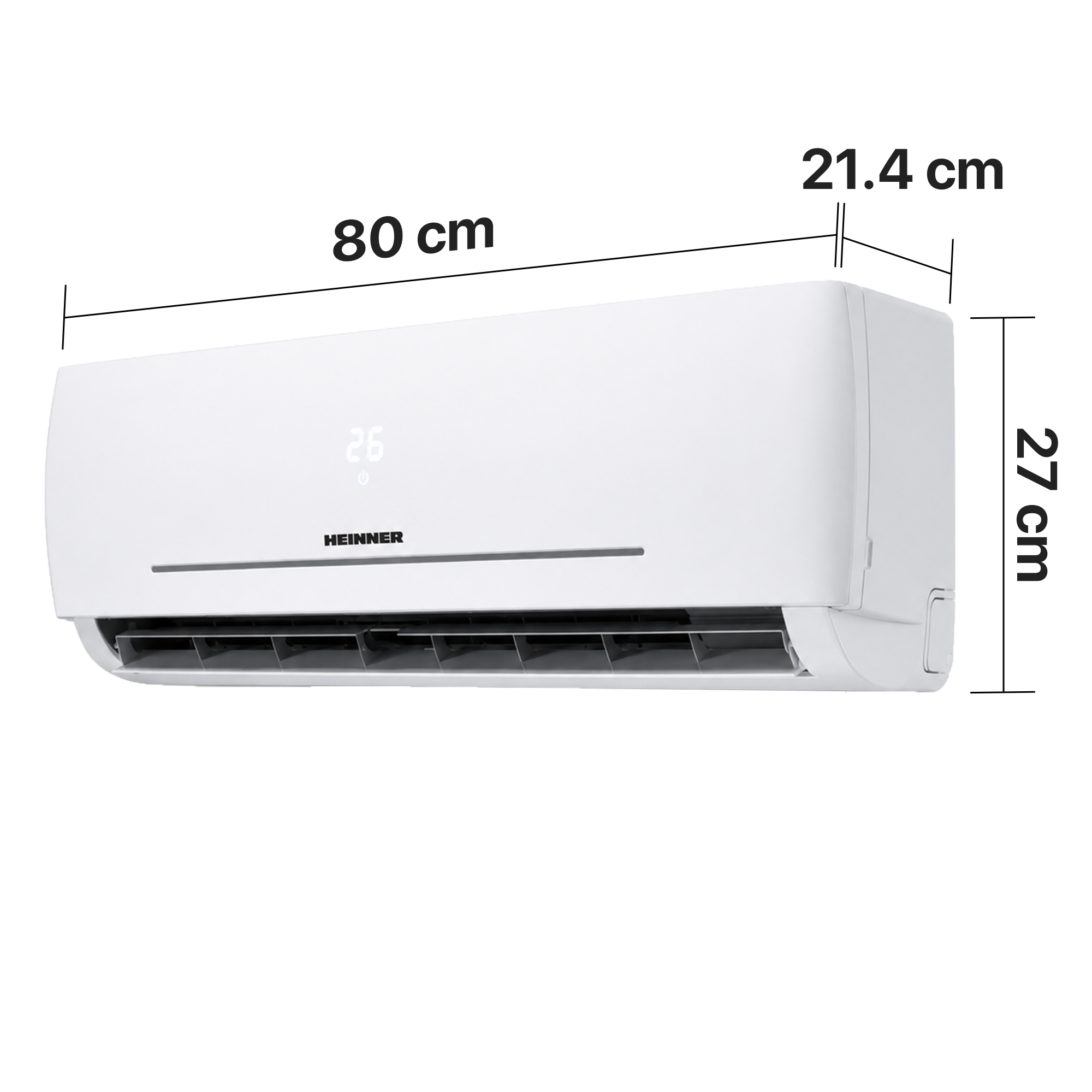 A white air conditioner unit showing dimensions: 80cm length, 21.4cm depth, 27cm height.