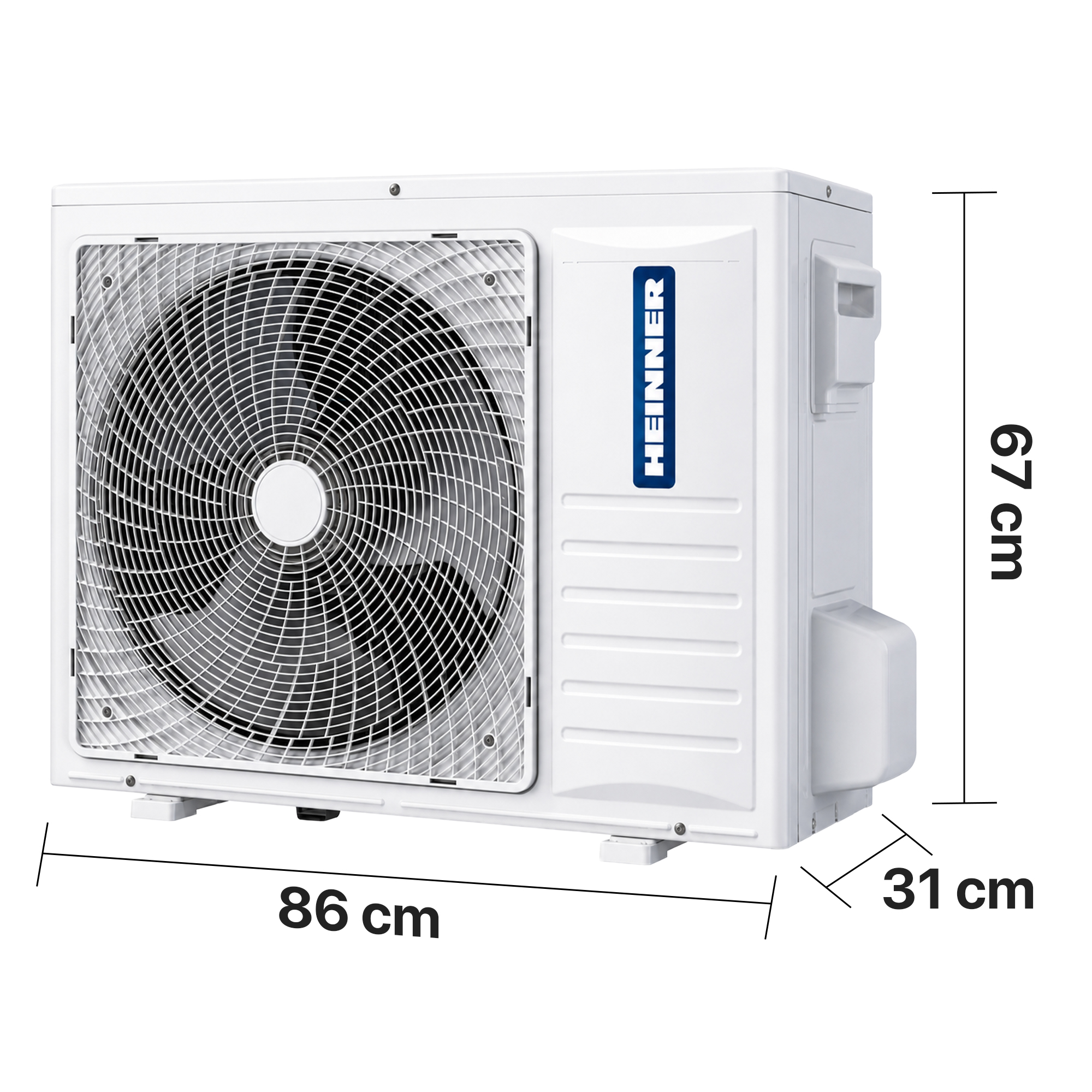 A white outdoor air conditioning unit with a fan grille, measuring 86x67x31 cm.