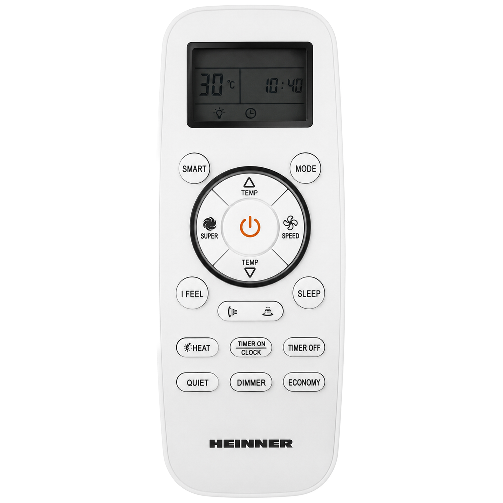 White Heinner remote control with LCD screen showing 30C and 10:40.