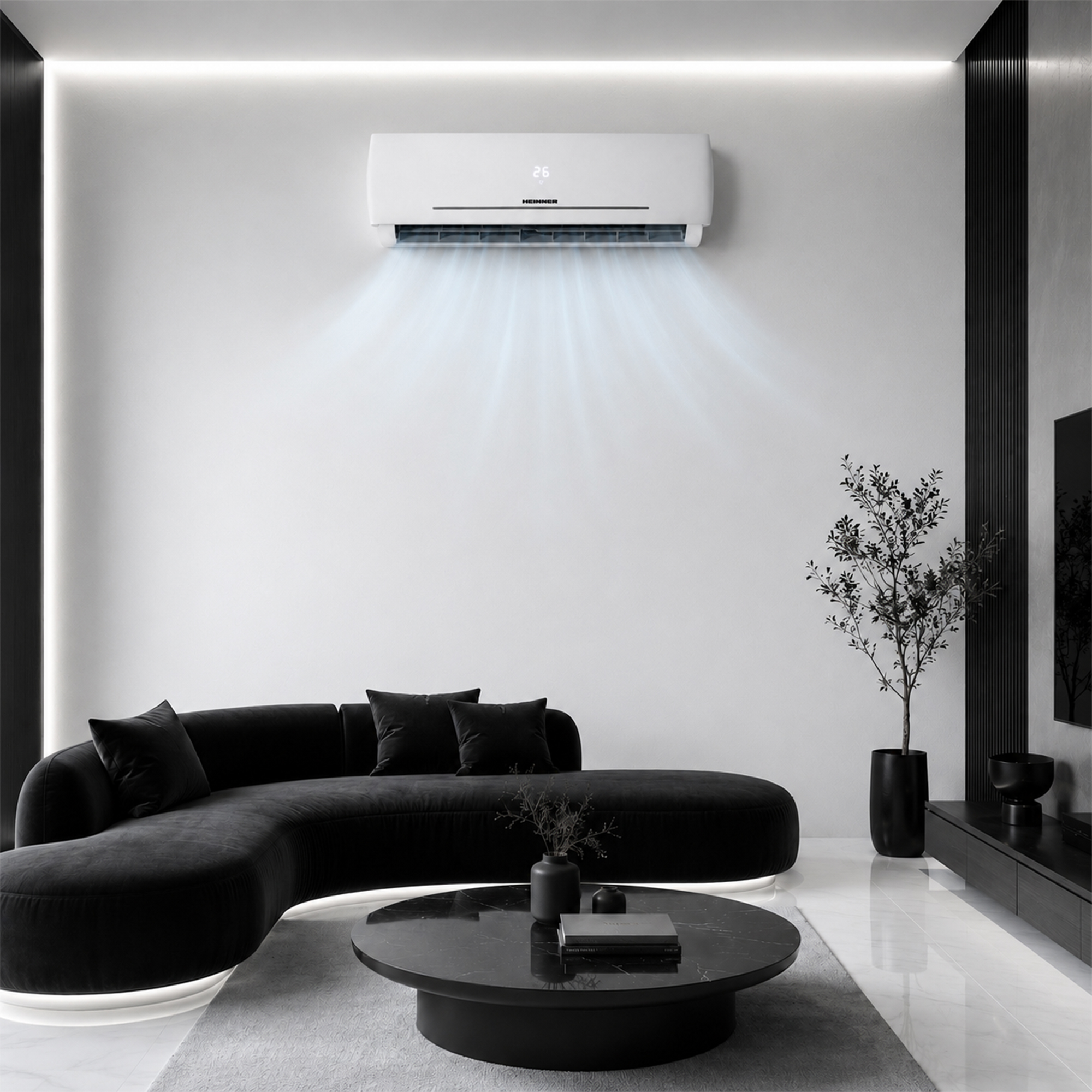 White air conditioner on a white wall, blowing cool air onto a modern living room.
