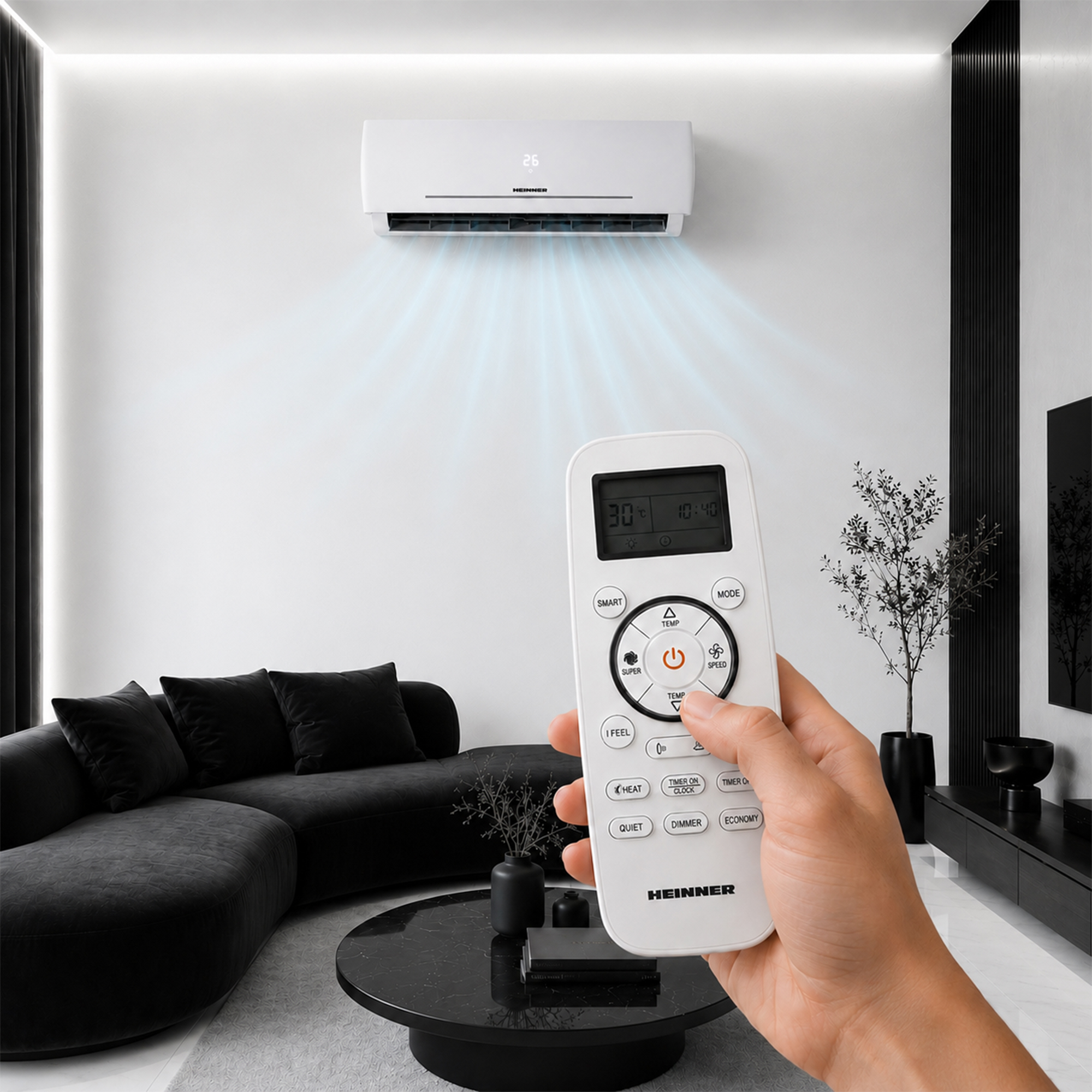 A hand holds a remote control in front of an air conditioner emitting cool air.