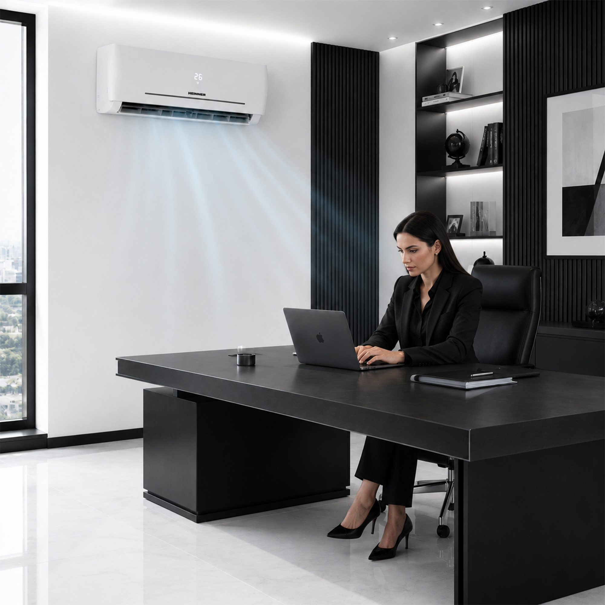 Femme en costume noir travaillant sur un ordinateur portable à un bureau noir. Climatiseur au mur.