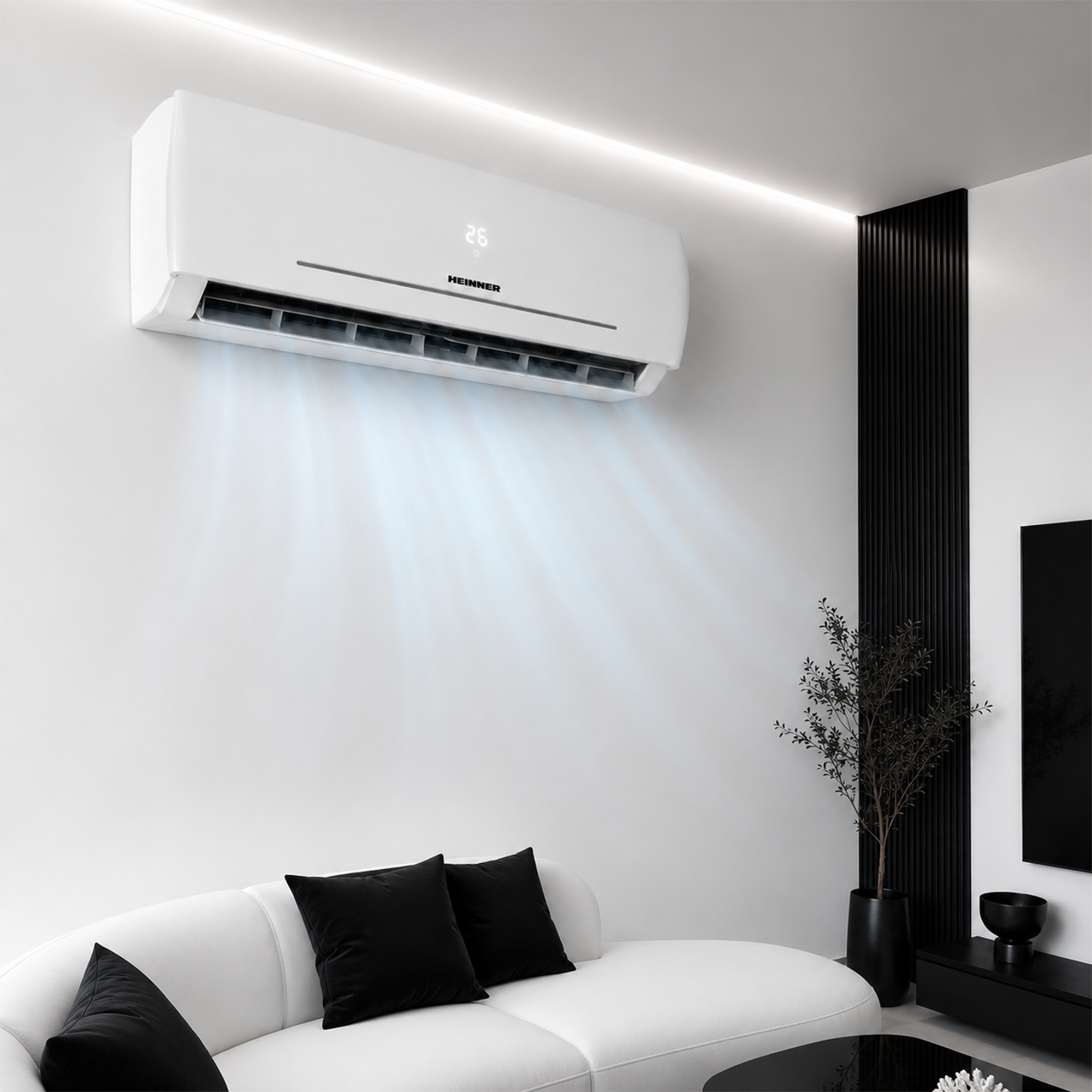 A white air conditioner cools a modern room with a white sofa.