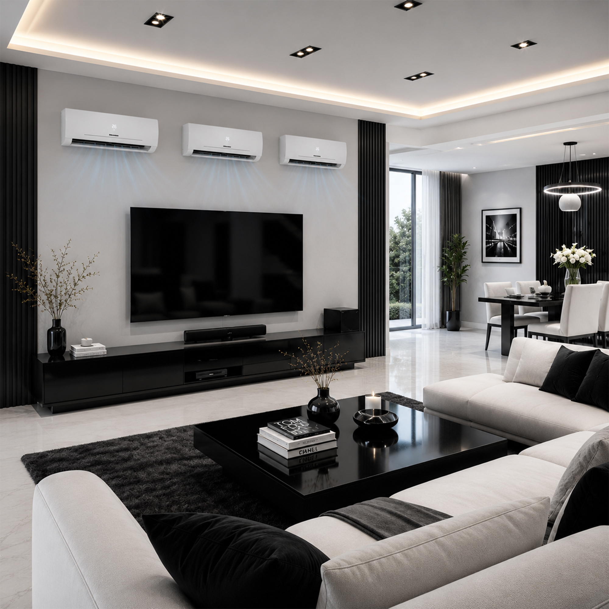 Modern living room with AC units, TV, sofas, and dining table area.