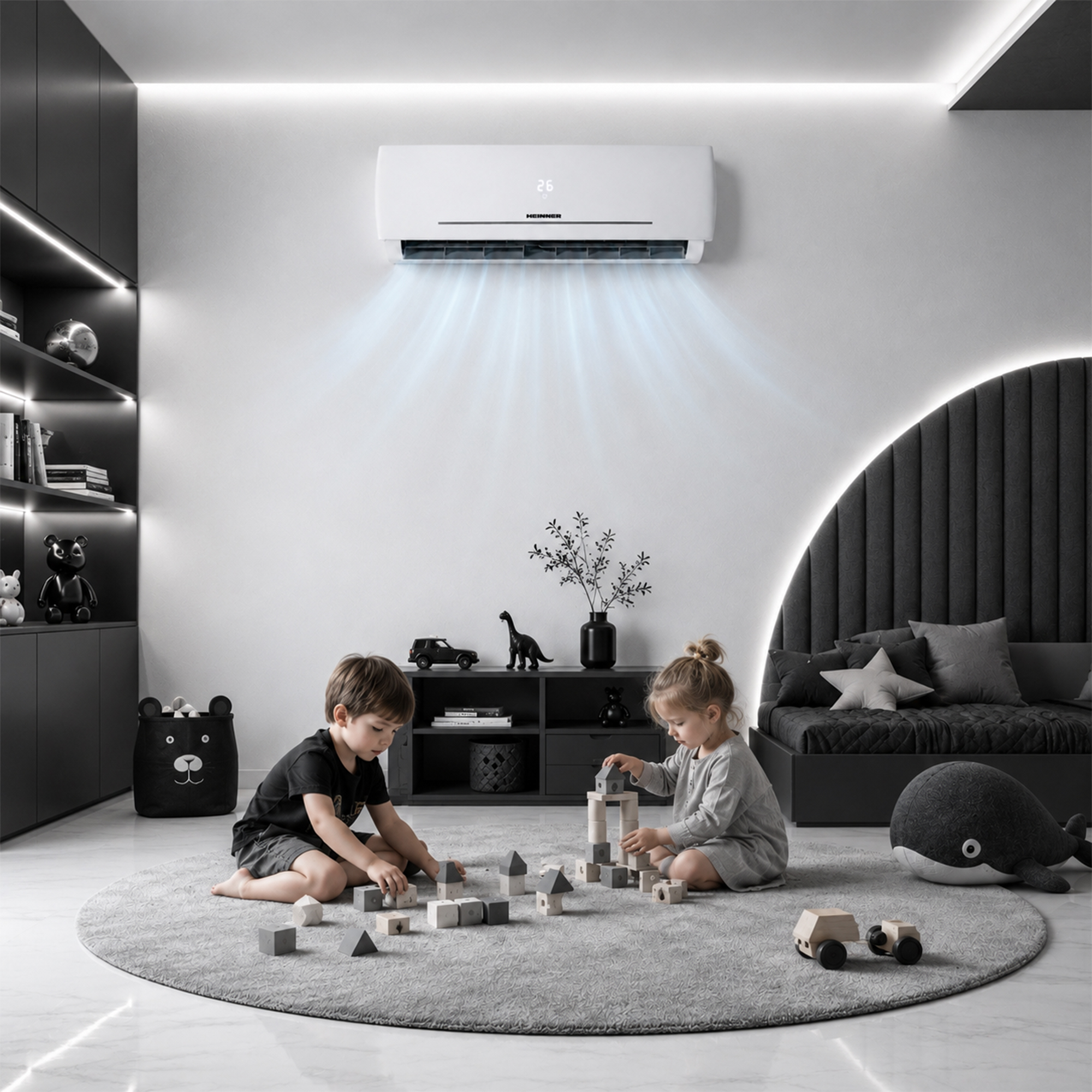 Two children play with wooden blocks in a modern bedroom.