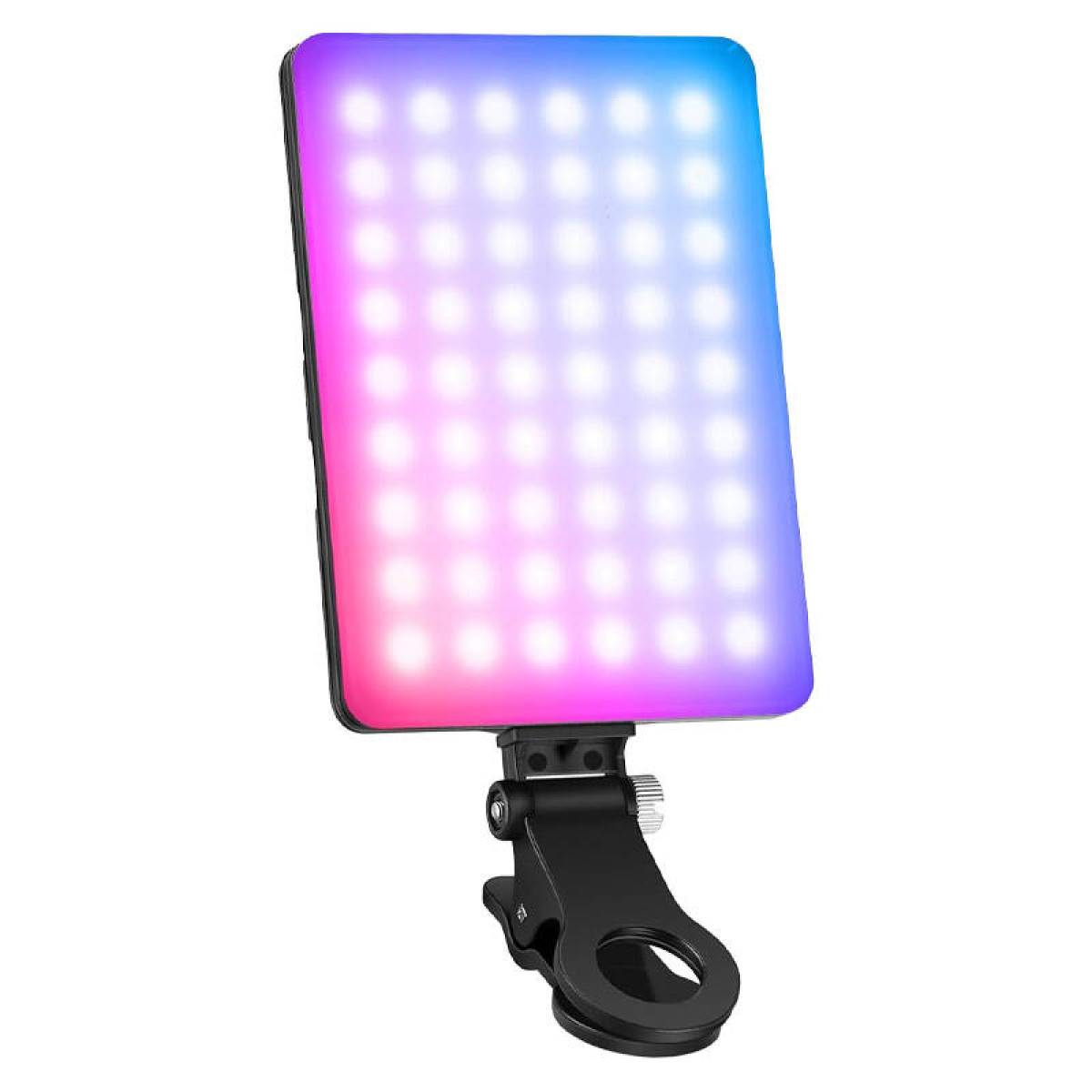 Ein rechteckiges LED-Licht mit Farbverlauf von Blau zu Lila mit einem schwarzen Clip-Halter.