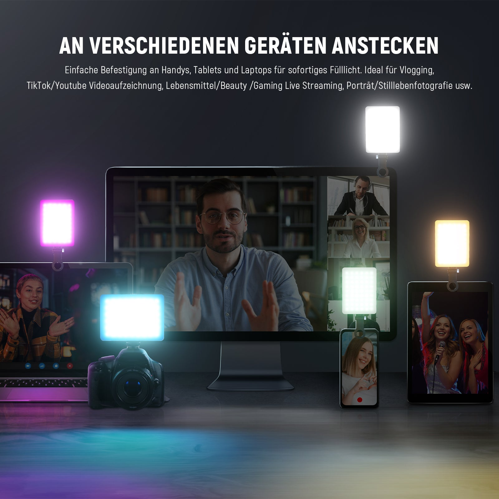 Mehrere Lichter leuchten auf Geräten wie Laptop, Kamera, Handy und Tablet.