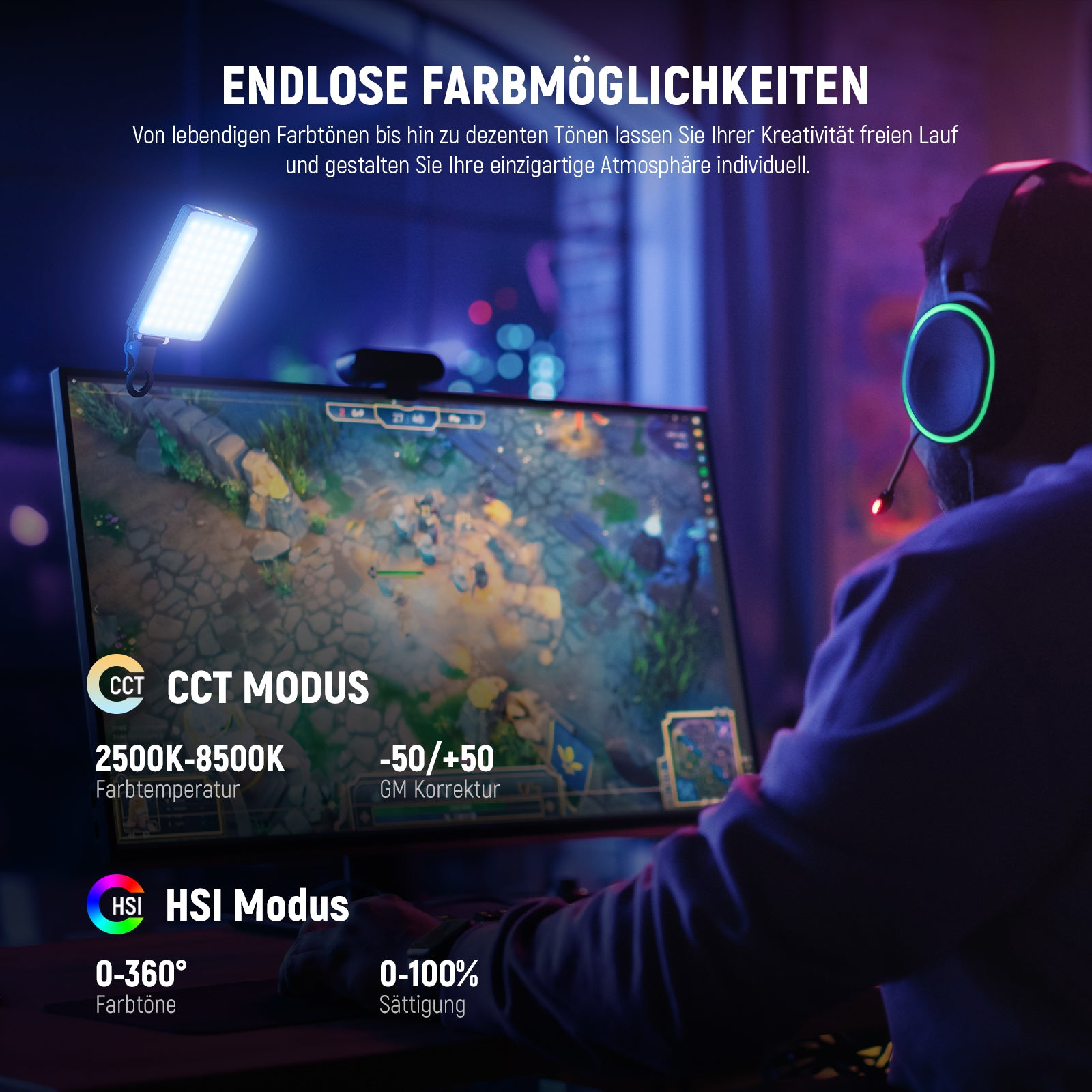 Ein Gamer mit Kopfhörern spielt ein Spiel auf einem Monitor, beleuchtet von einem LED-Panel.