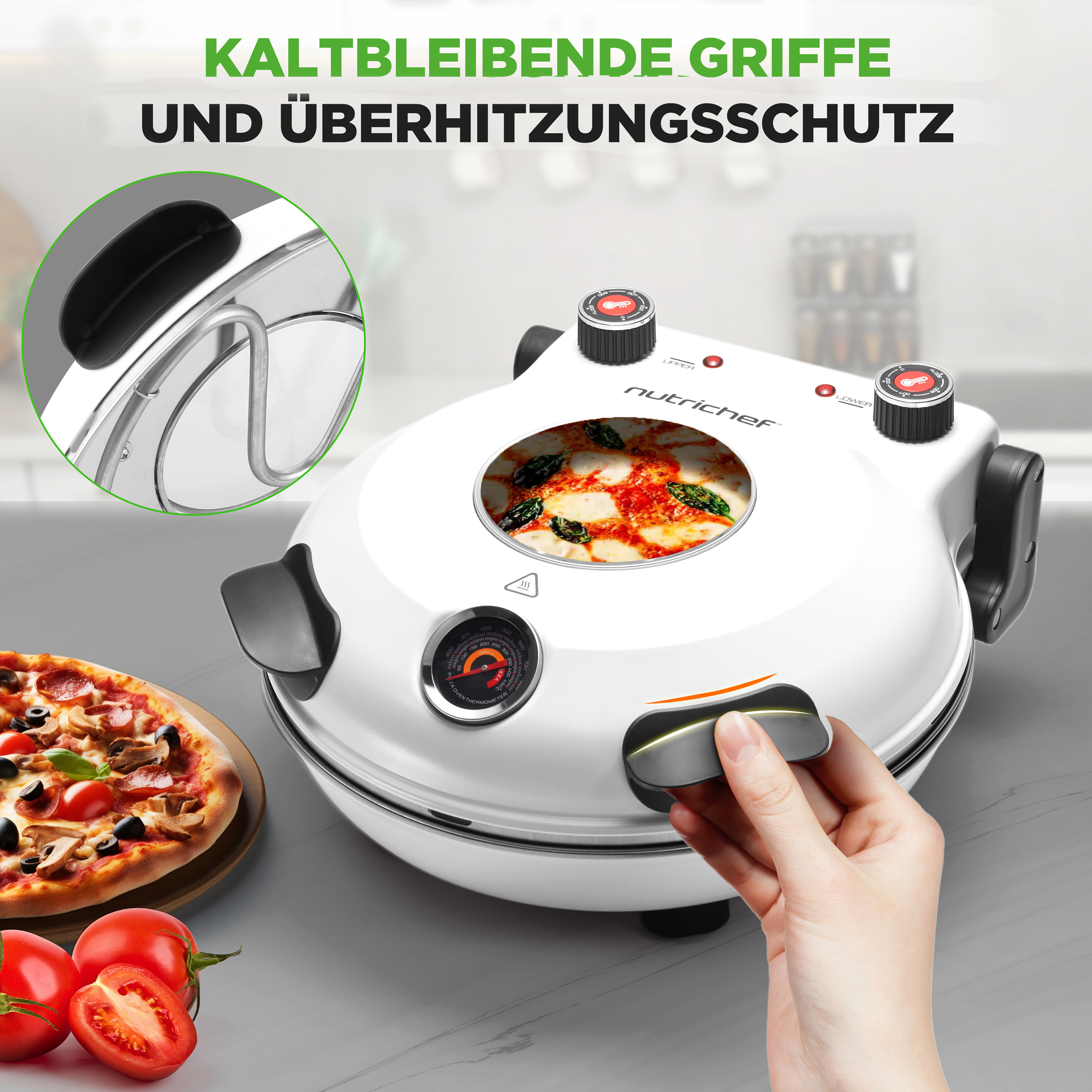 Ein weißer Pizzaofen mit einem fertigen Pizza und Zutaten daneben.