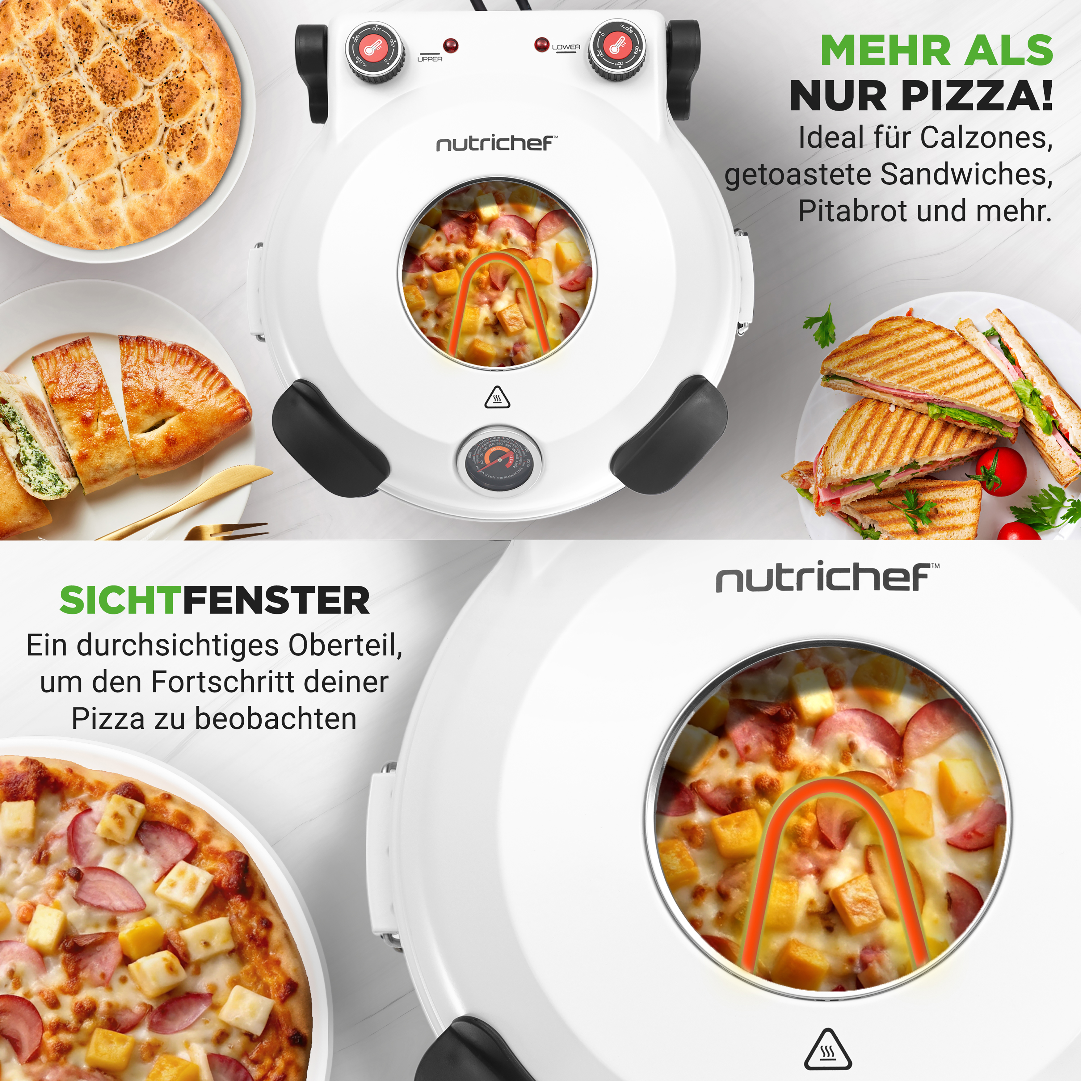 Nutrichef Pizzaofen mit Pizza, Pitabrot und Sandwiches