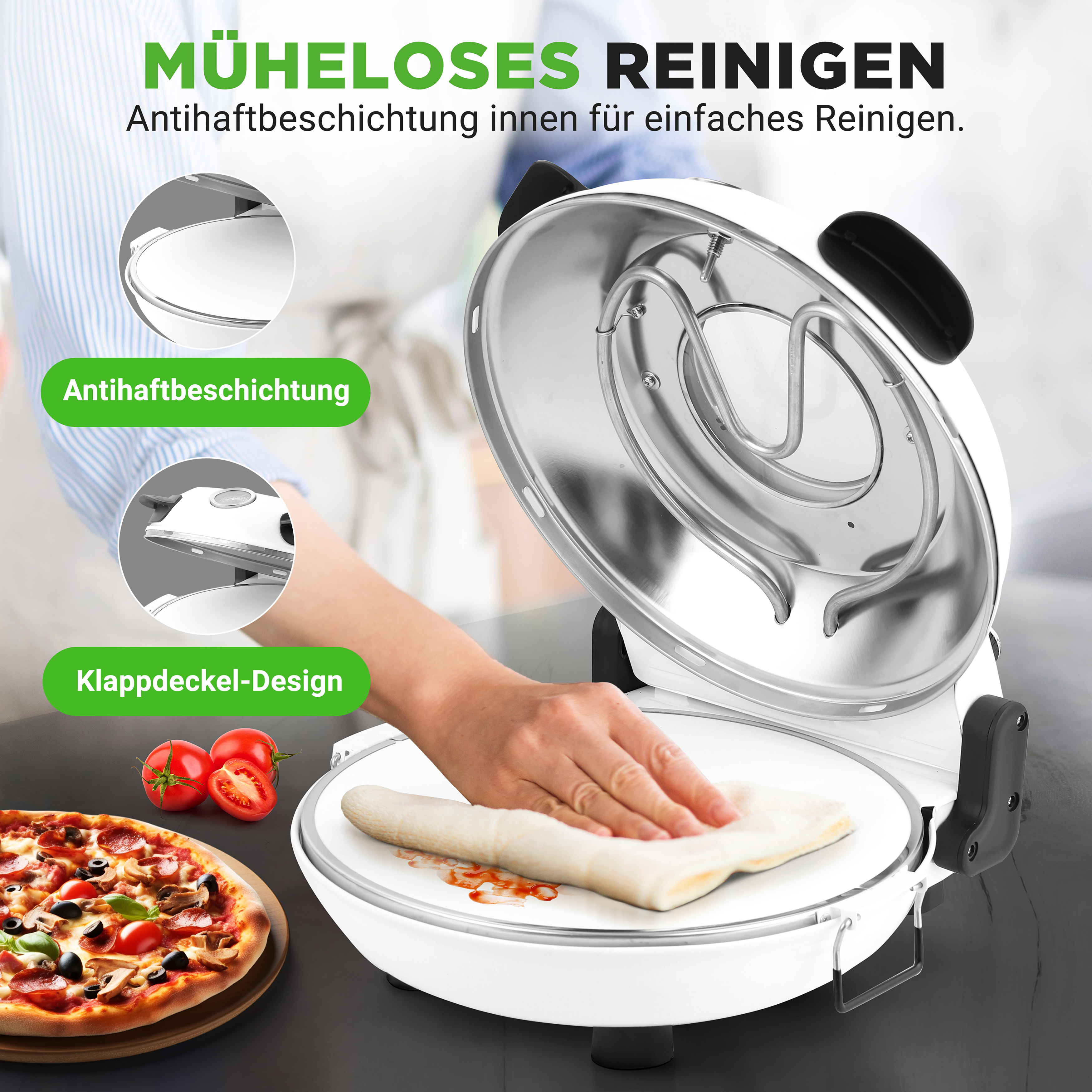 Eine Hand reinigt eine weiße Platte mit einer Tortilla und Tomaten daneben.