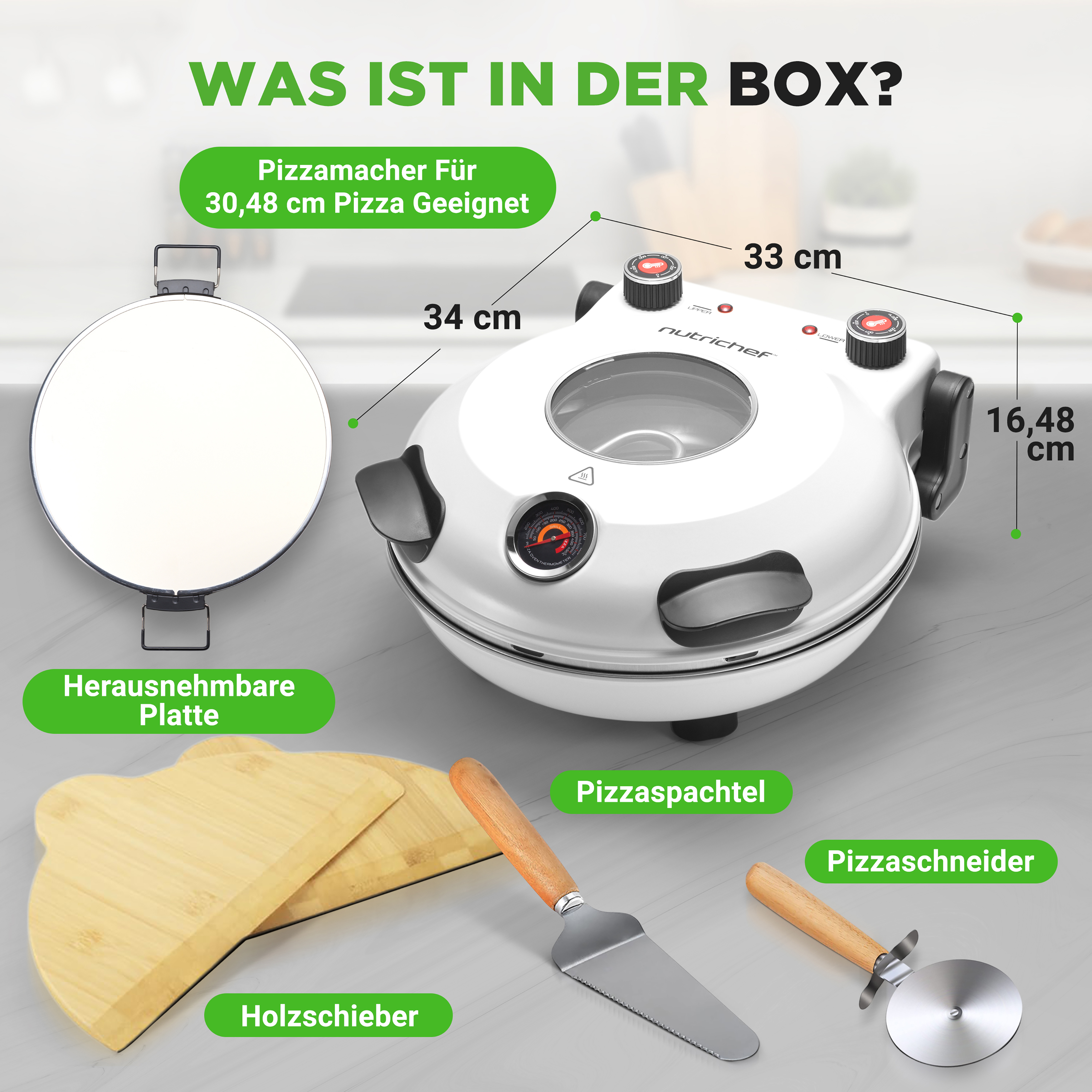 Ein weißer Pizzamacher mit Zubehör: Holzschieber, Pizzaspachtel, Pizzaschneider.