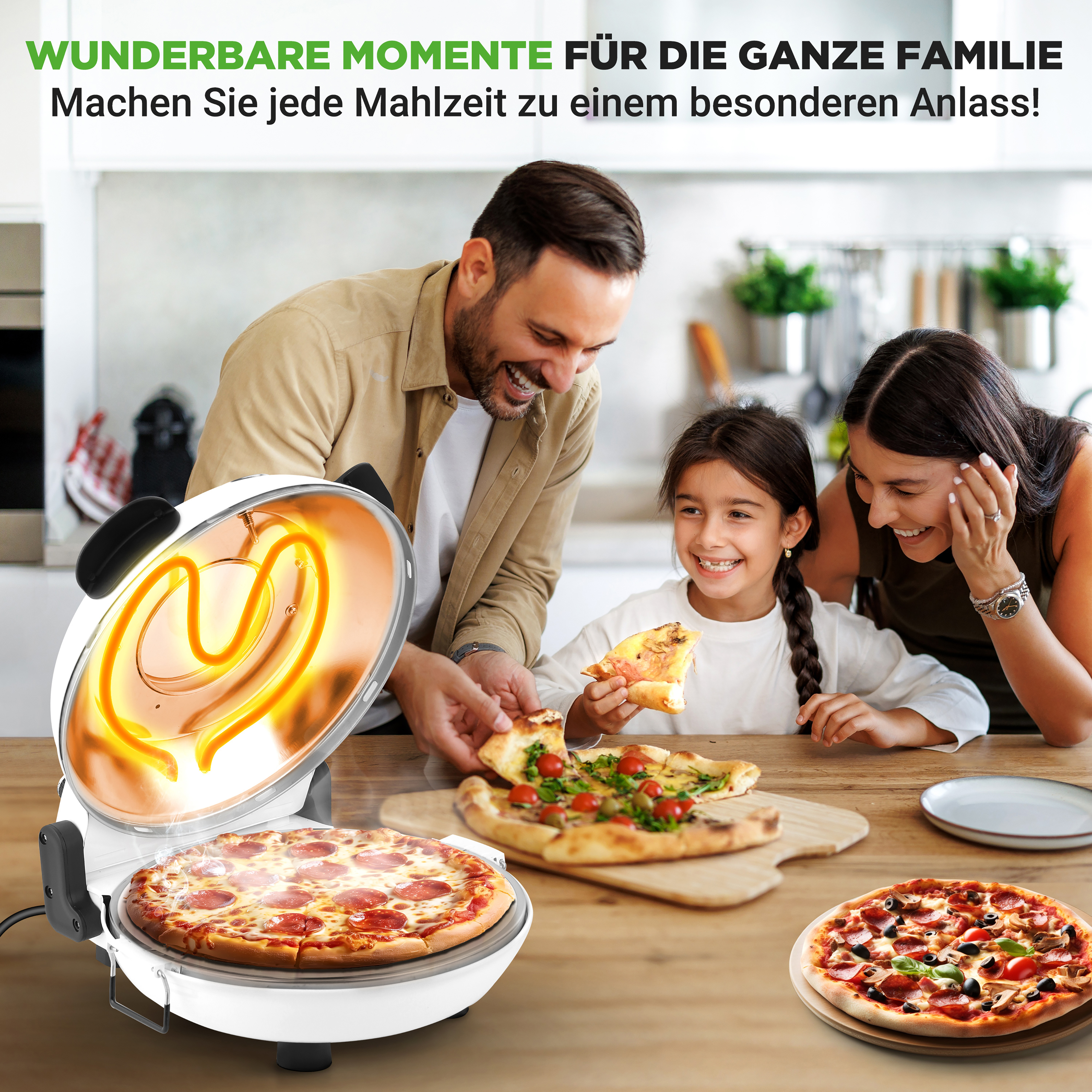 Eine Familie genießt Pizza aus einem runden Ofen in einer Küche.