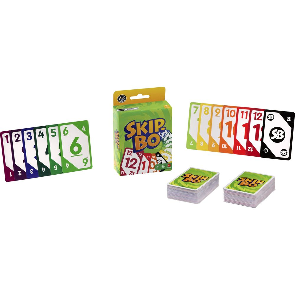 Skip-Bo Kartenspiel-Set mit Karten und Spielanleitung auf weißem Hintergrund.