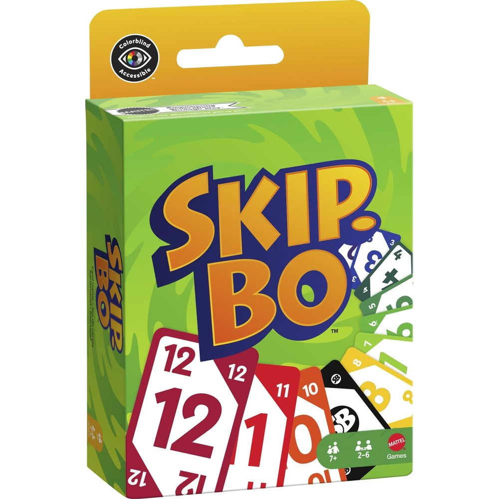 Verpackung des Kartenspiels Skip-Bo mit grünen und gelben Farben. Zeigt Karten mit Zahlen.