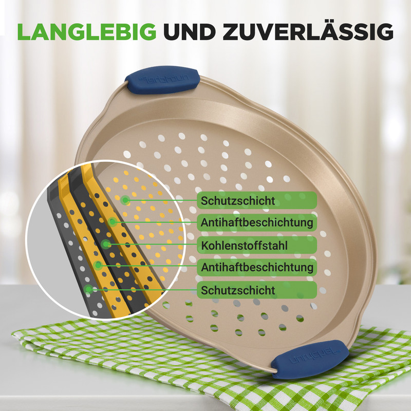 Beige Backform mit Löchern und einer Nahaufnahme der Materialschichten.