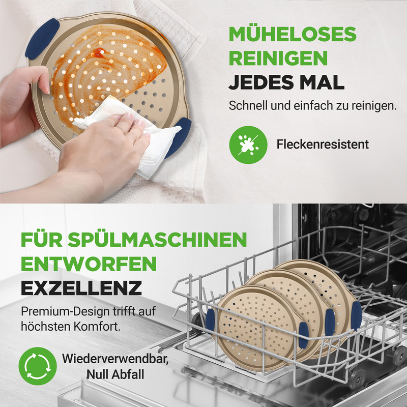 Backbleche werden gereinigt und in einem Geschirrspüler platziert.